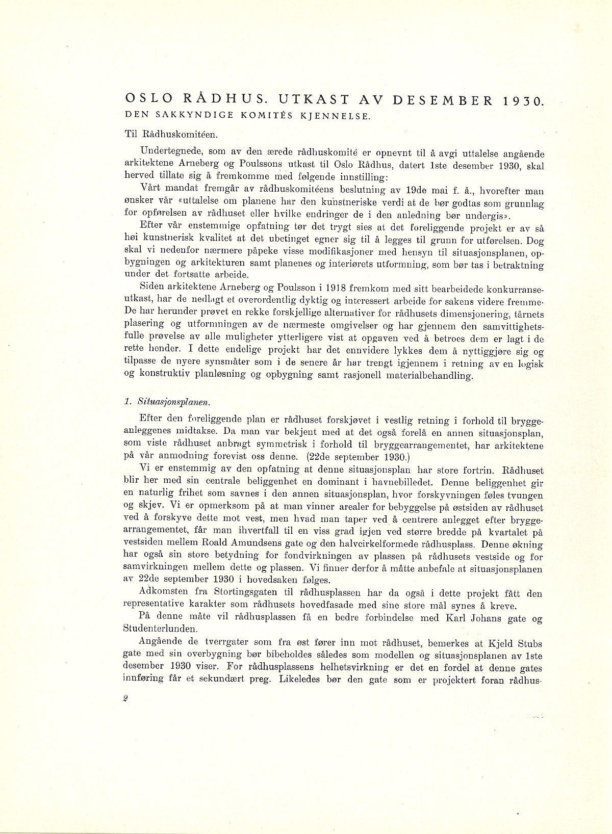 Oslo rådhus. Utkast av desember 1930