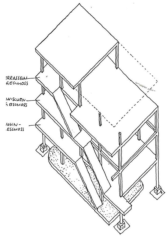 Aksonometri som viser prinsippet for enebolig i Weissenhofsiedlung, Le Corbusier 1927.