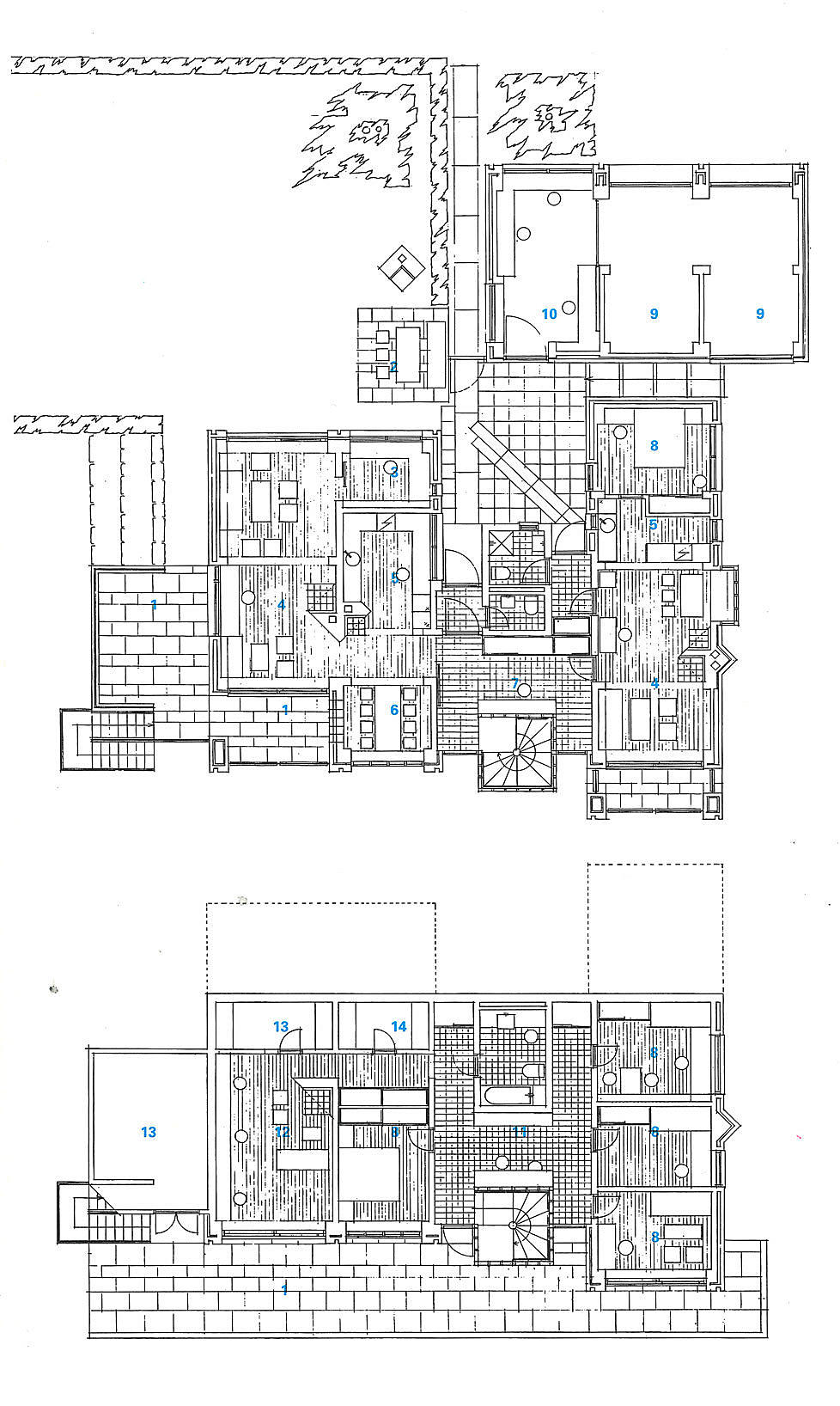 Øverst: 1. etasje. Over: Underetasje. 1: Terrasse, 2: Paviljong, 3: Arbeidsrom, 4: Stue, 5: Kjøkken, 6: Spisestue, 7: Garderobe, 8: Soverom, 9: Garasje, 10: Verksted, 11: Lekerom, 12: Kjellerstue, 13: Bod, 14: Vaskerom