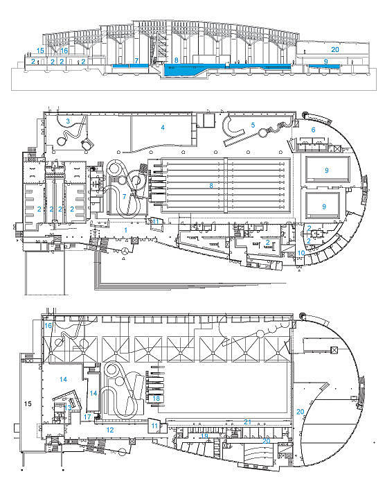 Plan og snitt. 1. Vestibyle, 2. Garderobe, 3. Barnebasseng, 4. Bølgebasseng, 5. Velværebasseng, 6. Badstuavdeling, 7. Ungdomsbasseng, 8. Idrettsbasseng (50m), 9. Helsebad, 10. Helseavdeling, 11. Vakt, 12. Kafé tørr side, 13. Kjøkken, 14. Kafé våt side, 15. Terrasse, 16. Bro til turistskip, 17. Oppgang til langsklie, 18. 10 m stupetårn, 19. Solsenger, 20. Treningsstudio, 21. Tribune