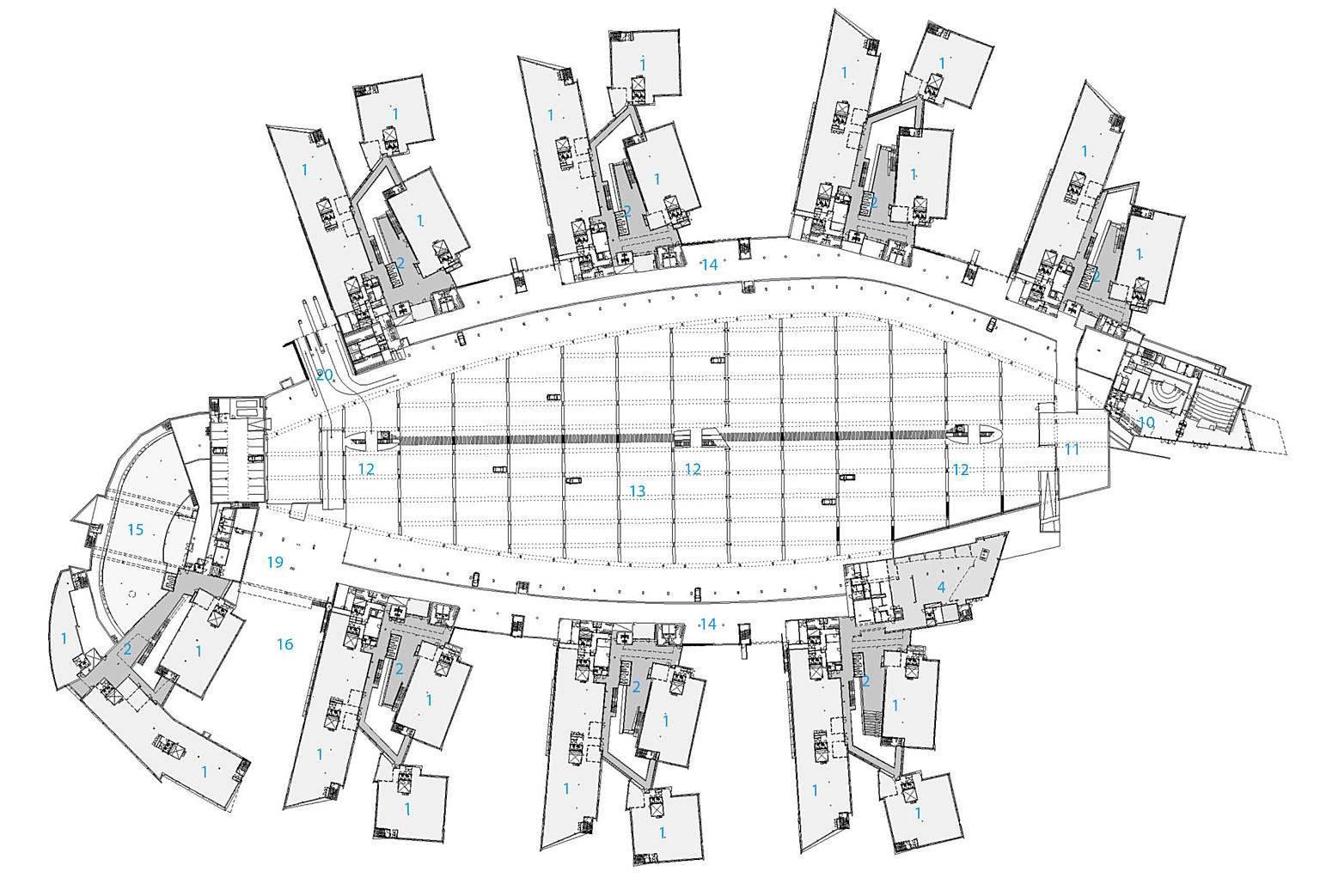 Plan 3.
1: Arbeidsområde 2: Atrium 3: Vestibyle 4: Bespisningsområde 5: Kafé/bar 6: Trimsenter 7: Telebutikk 8: Kiosk 9: Læringssenter 10: Kundesenter 11: Energisentral 12: Trapp-/heis P-hus 13: P-hus 14: Servicegate, åpent ned 15: Operasjonssenter 16: Økonomigård 17: Innfart servicegate 18: Utfart servicegate 19: Avfallssentral, sentralt varemottak, åpent ned 20: Inn-/utfart P-hus 21: Telenortorget 22: Villa Hareløkken 23: Gjesteparkering 24: Gang-/sykkelvei 25: Ny Snarøyvei, bussholdeplass