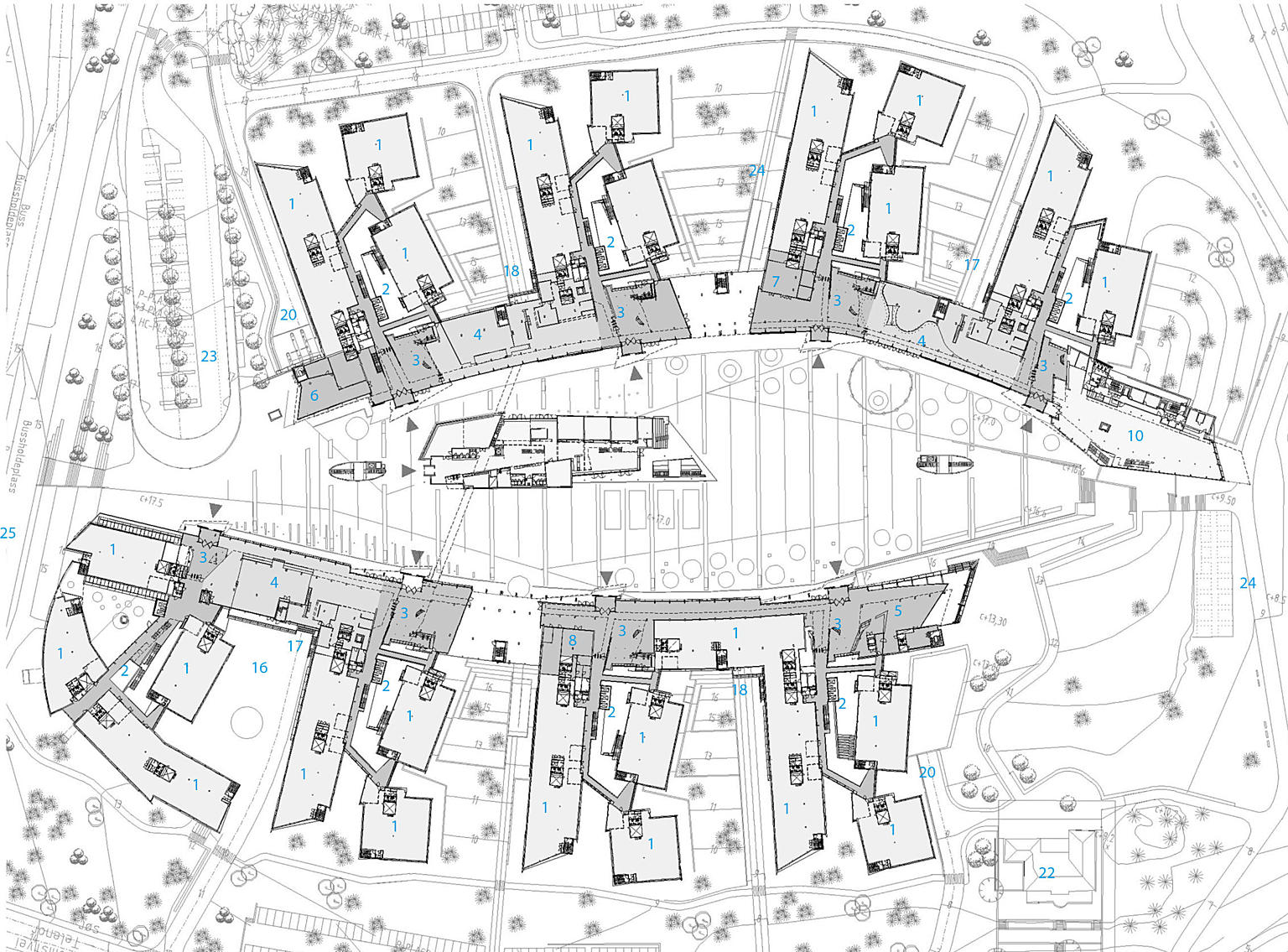 Plan 2.
1: Arbeidsområde 2: Atrium 3: Vestibyle 4: Bespisningsområde 5: Kafé/bar 6: Trimsenter 7: Telebutikk 8: Kiosk 9: Læringssenter 10: Kundesenter 11: Energisentral 12: Trapp-/heis P-hus 13: P-hus 14: Servicegate, åpent ned 15: Operasjonssenter 16: Økonomigård 17: Innfart servicegate 18: Utfart servicegate 19: Avfallssentral, sentralt varemottak, åpent ned 20: Inn-/utfart P-hus 21: Telenortorget 22: Villa Hareløkken 23: Gjesteparkering 24: Gang-/sykkelvei 25: Ny Snarøyvei, bussholdeplass