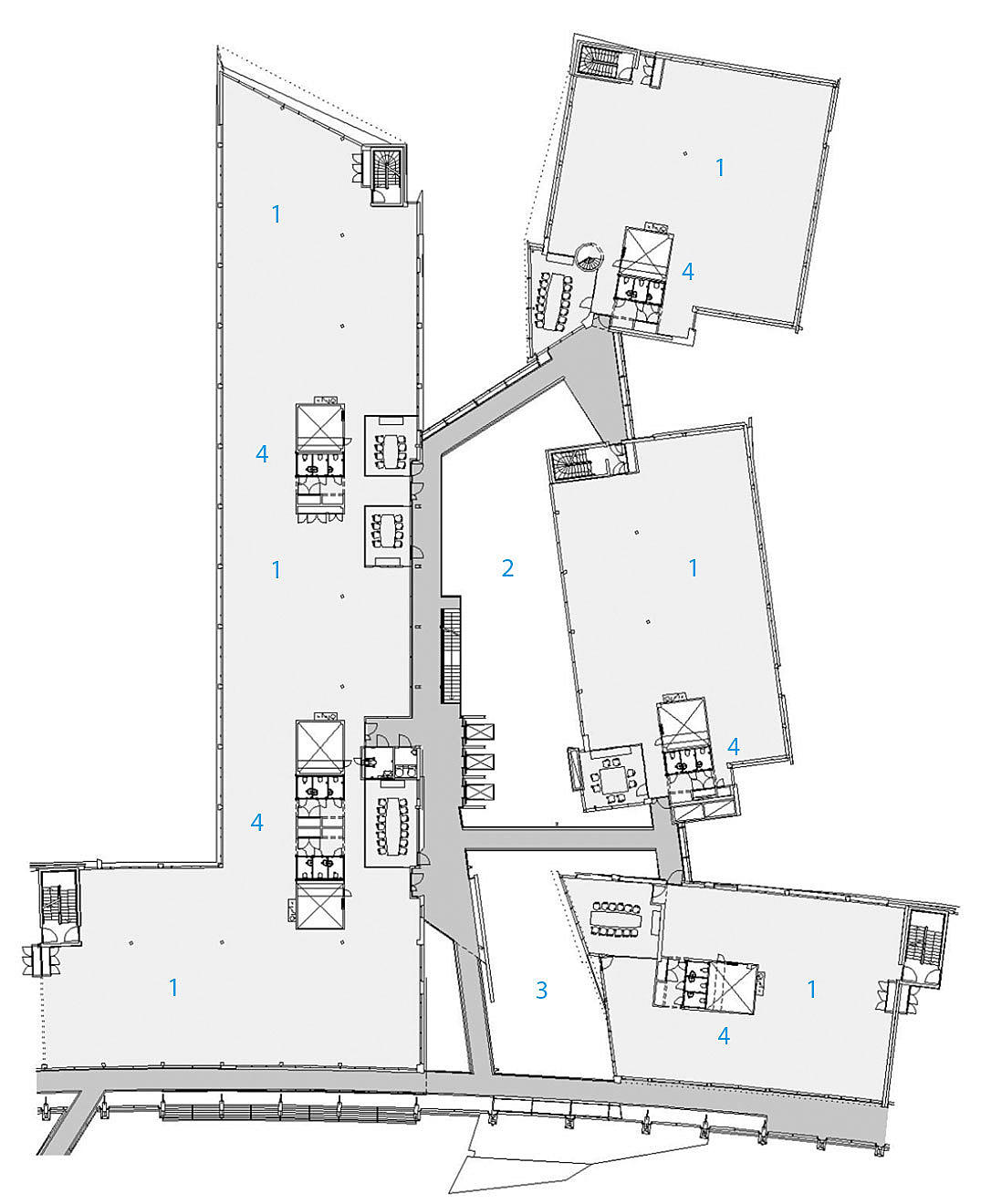 Typisk kontorplan. 1: Arbeidsenhet 30 personer, 2: Atrium, åpent ned, 3: Vestibyle, åpent ned, 4: Toalett, garderobe.
