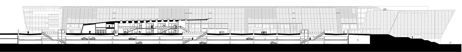 Langsnitt og oppriss, Nordre torgfasade. 1: Telenortorget, 2: P-hus, 3: Adkomst P-hus, 4: Læringssenteret, 5: Energisentral.