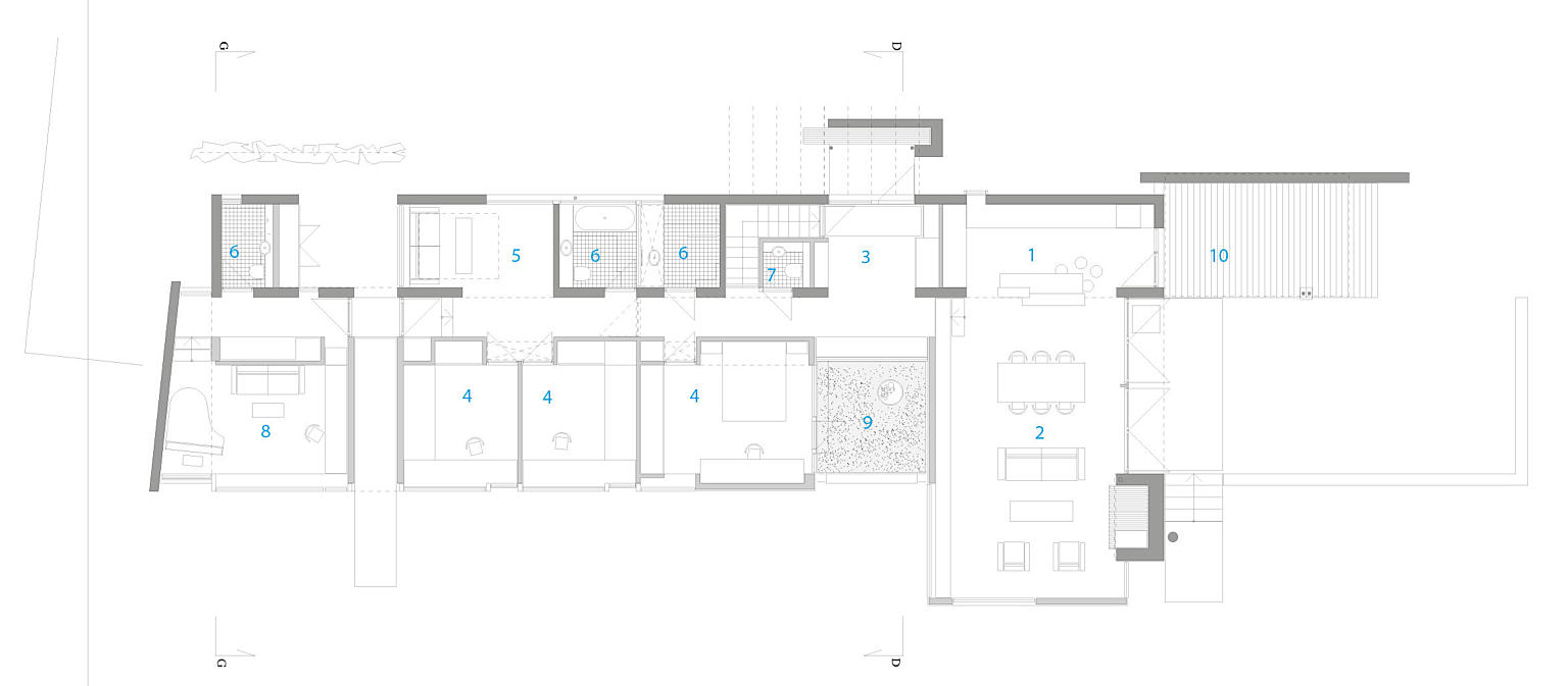 1: Kjøkken 2: Stue 3: Entré 4: Sov 5: Lekerom 6: Bad 7: WC 8: Studio 9: Atrium 10: Overdekket uteplass