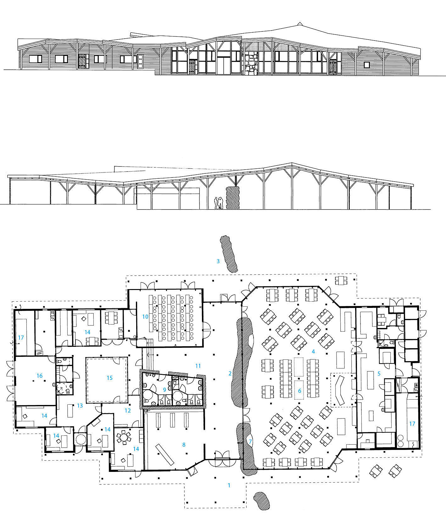 1. Inngang, 2. Steinvegg, 3. Utgang mot fjellet/vidden, 4. Restaurant/kafé, 5. Kjøkken, 6. Overlys, 7. Ildsted, 8. Souvenirsalg, 9. Eget toalettbygg, 10. Møte/undervisning, 11. Garderobe/utstilling, 12. Administrasjonssenteret, 13. Administrasjon SNO, 14. Kontor, 15. Atrium, 16. Garasje, 17. Ventilasjon.