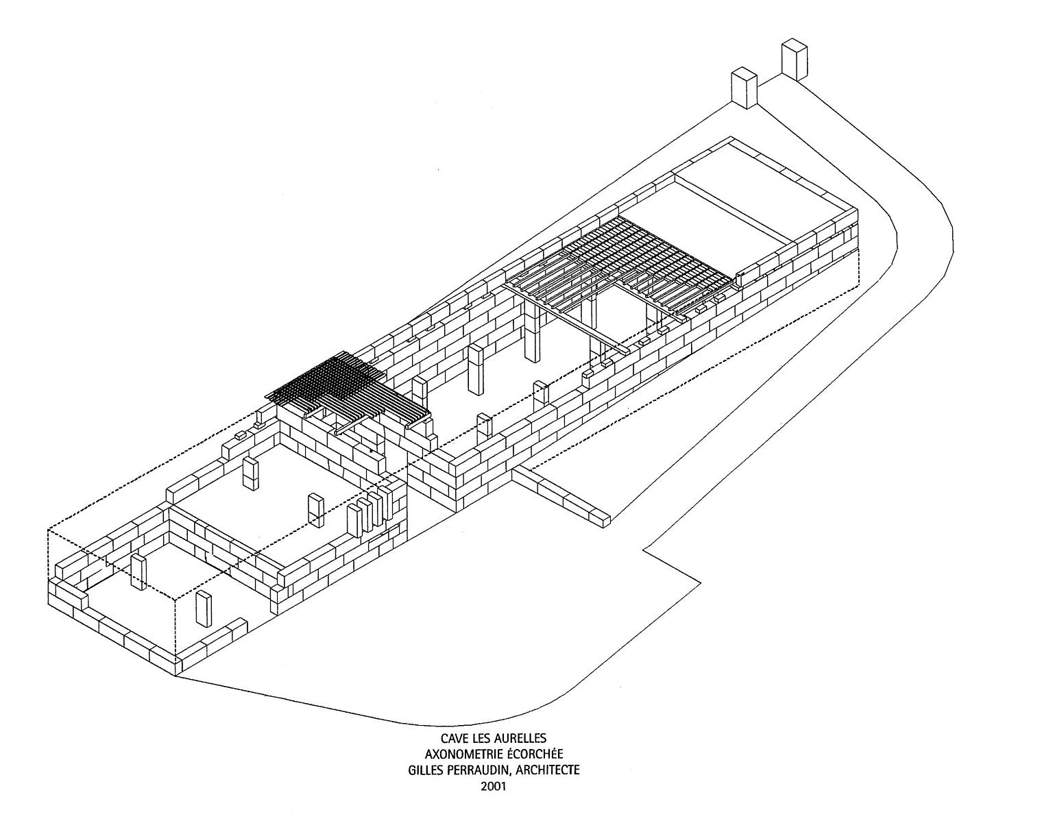 Anlegg for produksjon og lagring av vin, bygget i stenblokker i Syd- Frankrike. Arkitekt: Gilles Perraudin.