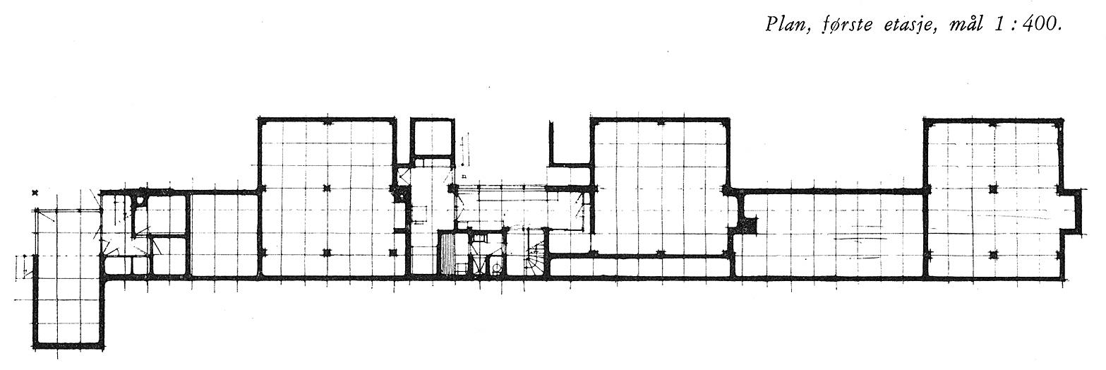 Plan av de tre husene i Planetveien. Legg merke til at Korsmo fjernet den sentrale stålsøylen fra oppholdsrommet i sin enhet. Foto: fra byggekunst nr. 7, 1955, s. 172.