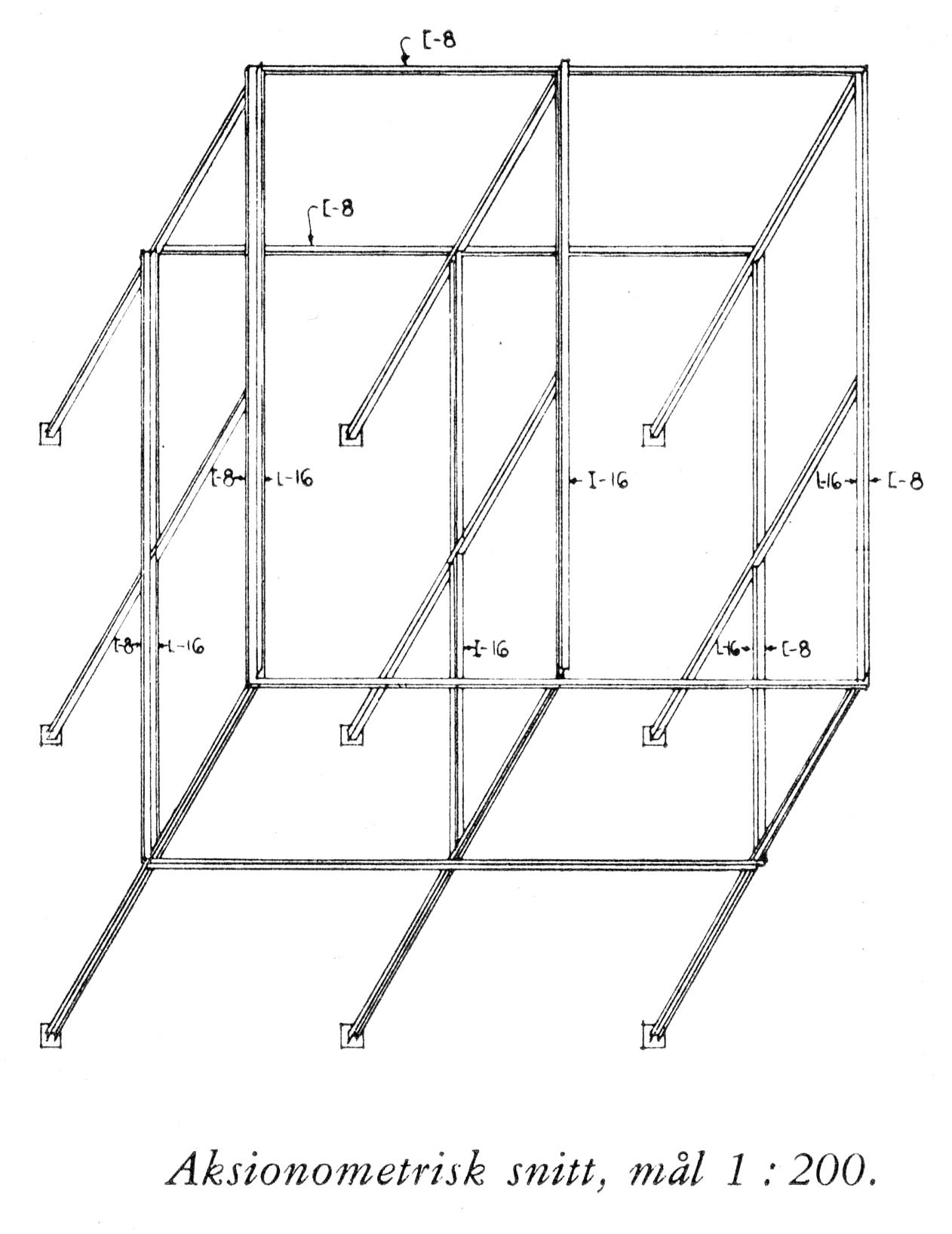 Norberg-Schulz og Korsmo forsøkte å få trebygningen til å se ut som en stålkonstruksjon ved å vise aksonometriske diagrammer og fullskalamodeller av ståldetaljene. Foto: fra byggekunst nr. 7, 1955, s. 172.