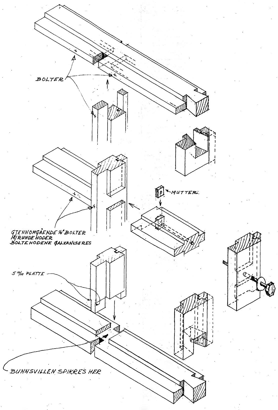 Detalj fra byggetegningene for Norberg-Schulz og Kosmos hus i Planetveien som viste snekkerne hvordan alle kompliserte sammenføyninger i trekonstruksjonen skulle utføres. Foto: fra Korsmos arkiv, Nasjonalmuseet for kunst, arkitektur og design - stiftelsen Arkitekturmuseet.