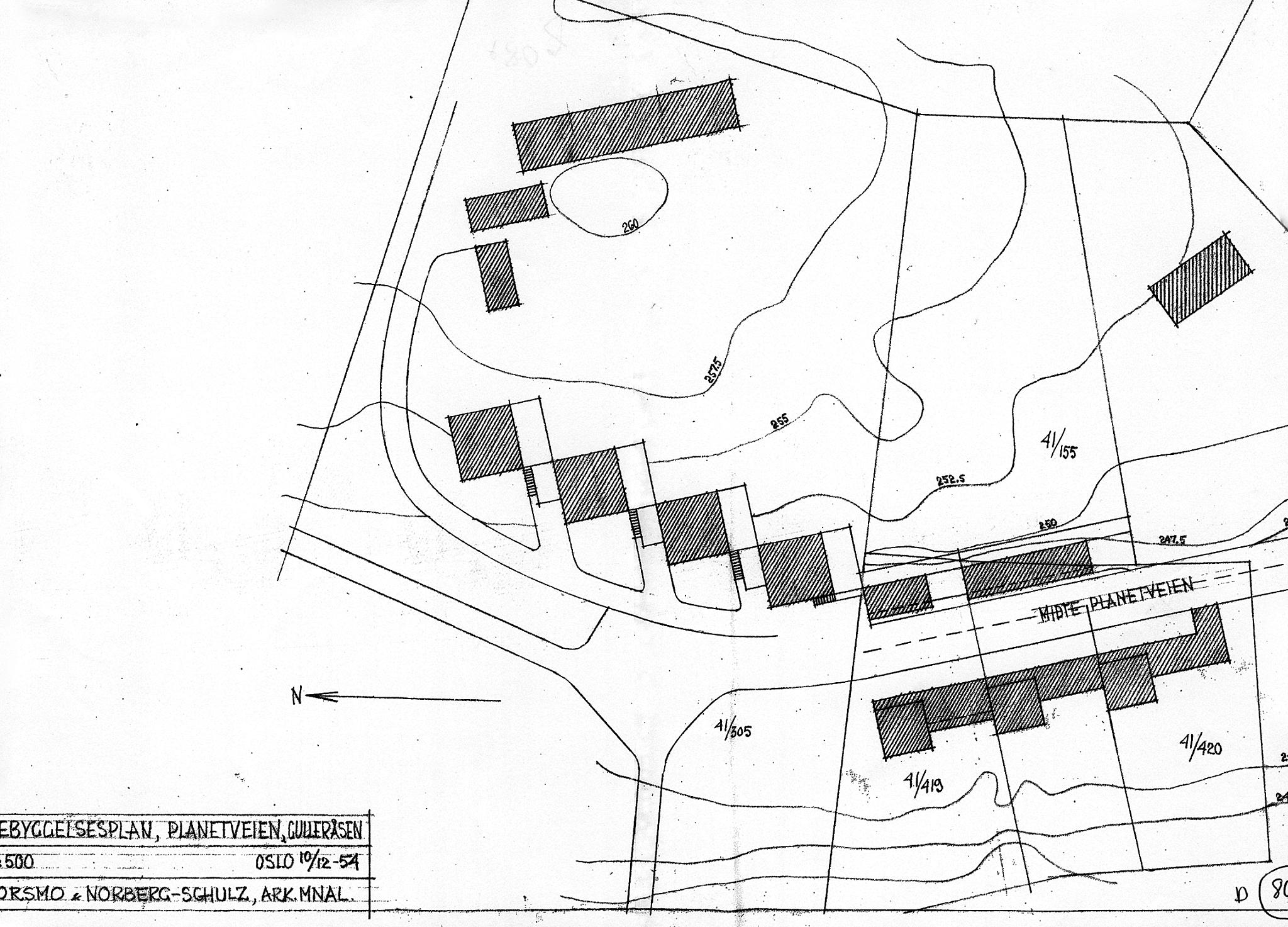 Korsmo og Norberg-Schulz, opprinnelig plan for 10 hus i Planetveien (1954). Bare tre hus (nederst på planen) ble bygget. Foto: fra Korsmos arkiv, Nasjonalmuseet for kunst, arkitektur og design - stiftelsen Arkitekturmuseet.