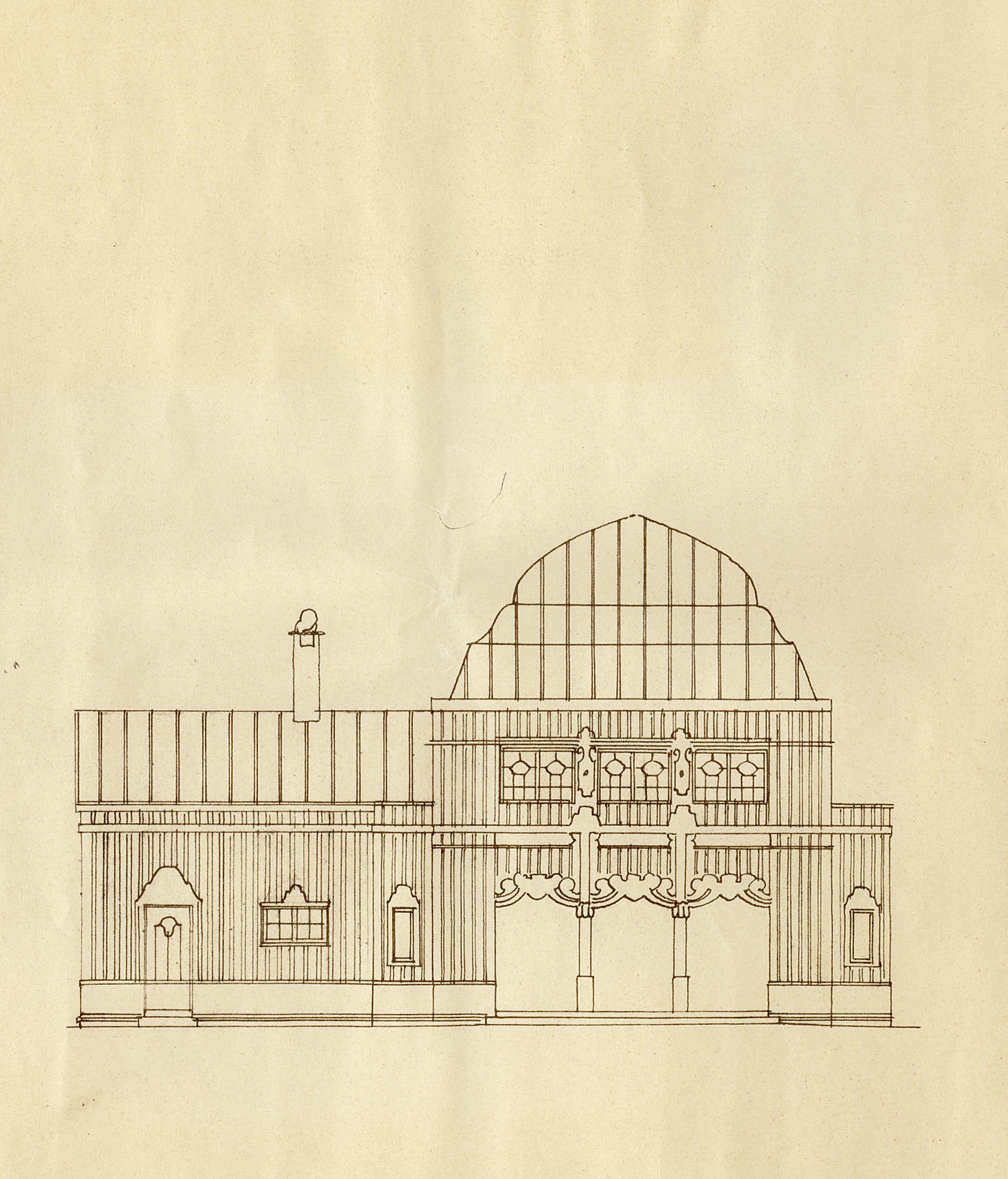 «Pavilion for Ekebergparken.» Oppriss og snitt fra det andre av Lars Backers to konkurranseforslag, 1925.