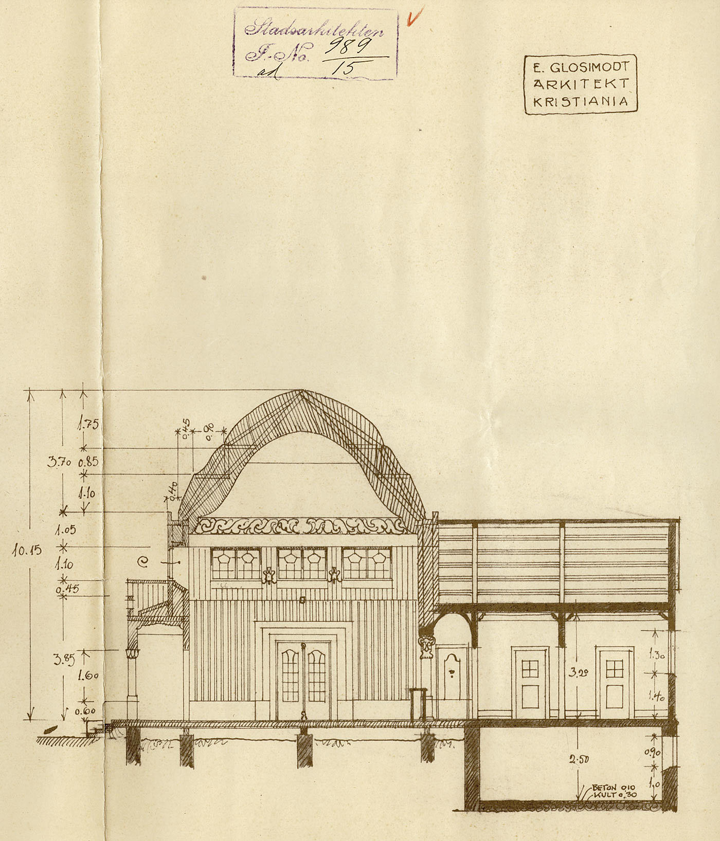 «Pavilion for Ekebergparken.» Oppriss og snitt fra det andre av Lars Backers to konkurranseforslag, 1925.