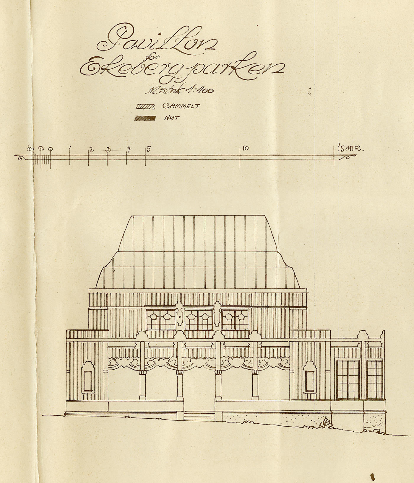 «Pavilion for Ekebergparken.» Oppriss og snitt fra det andre av Lars Backers to konkurranseforslag, 1925.