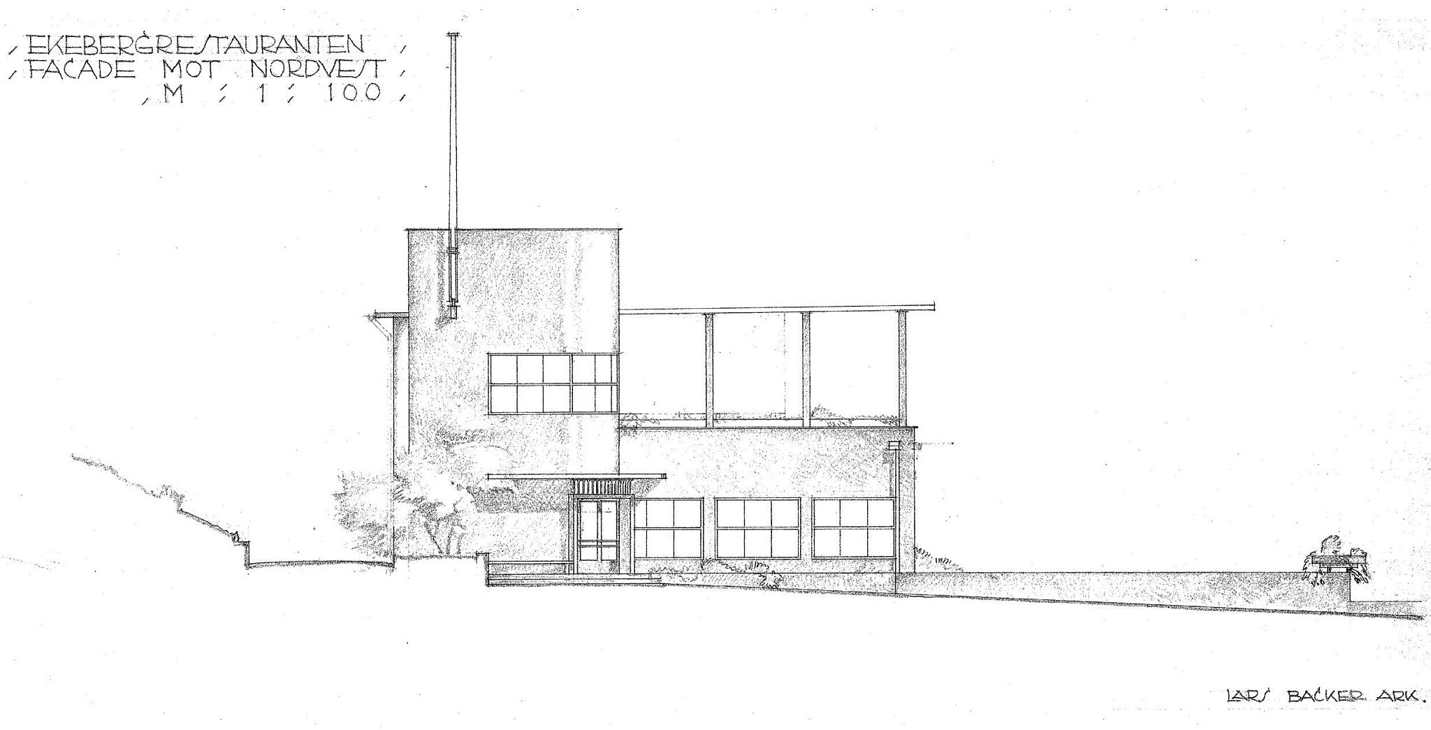 «Ekebergrestauranten. Facade mot nordvest.» Oppriss fra det ene av Lars Backers to konkurranseforslag, 1925. Foto: Teigens fotoatleier AS fra Arkitektur i Norge, Norsk Arkitekturmuseum, Årbok 1995. Nasjonalmuseet for kunst, arkitektur og design - stiftelsen Arkitekturmuseet