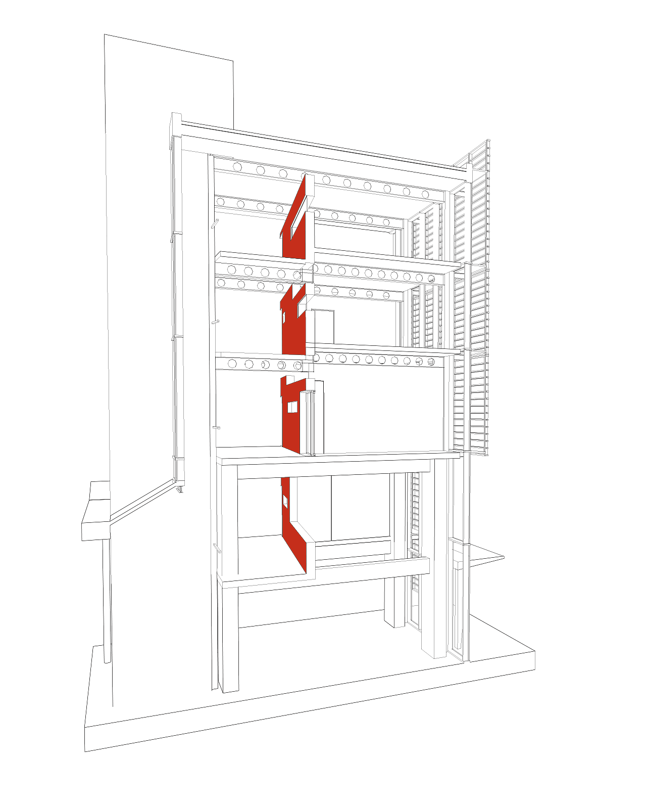Perspektivsnitt med den røde «ledeveggen».