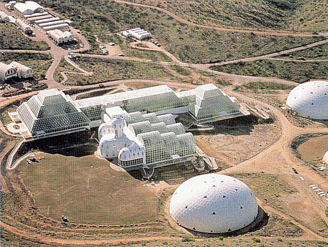 Biosphere 2 fra 1991 tegnet av Phil Hawes. Det viktigs-te forsøket på å konstruere et lukket økologisk system basert på romfartsøkologisk forskning.