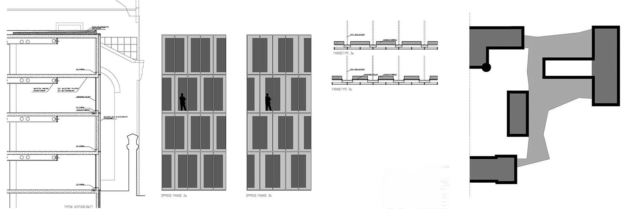 Typisk vertikalsnitt gjennom glassfasaden mot Skippergata og skjema fasadetype 2a og 2b og situasjonsdiagram