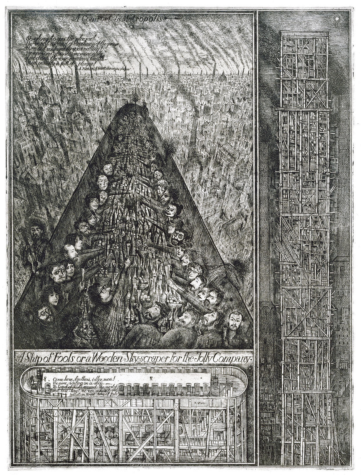Alexander Brodsky og Ilya Utkin: «Ship of Fools or a Wooden Skyscraper for the Jolly Company», 1988/90. Radering, 74 x 55 cm. Fra «Comfort in the Metropolis», Sinkenchiku Competition, Japan Architect, Tokyo, Japan, 1989.