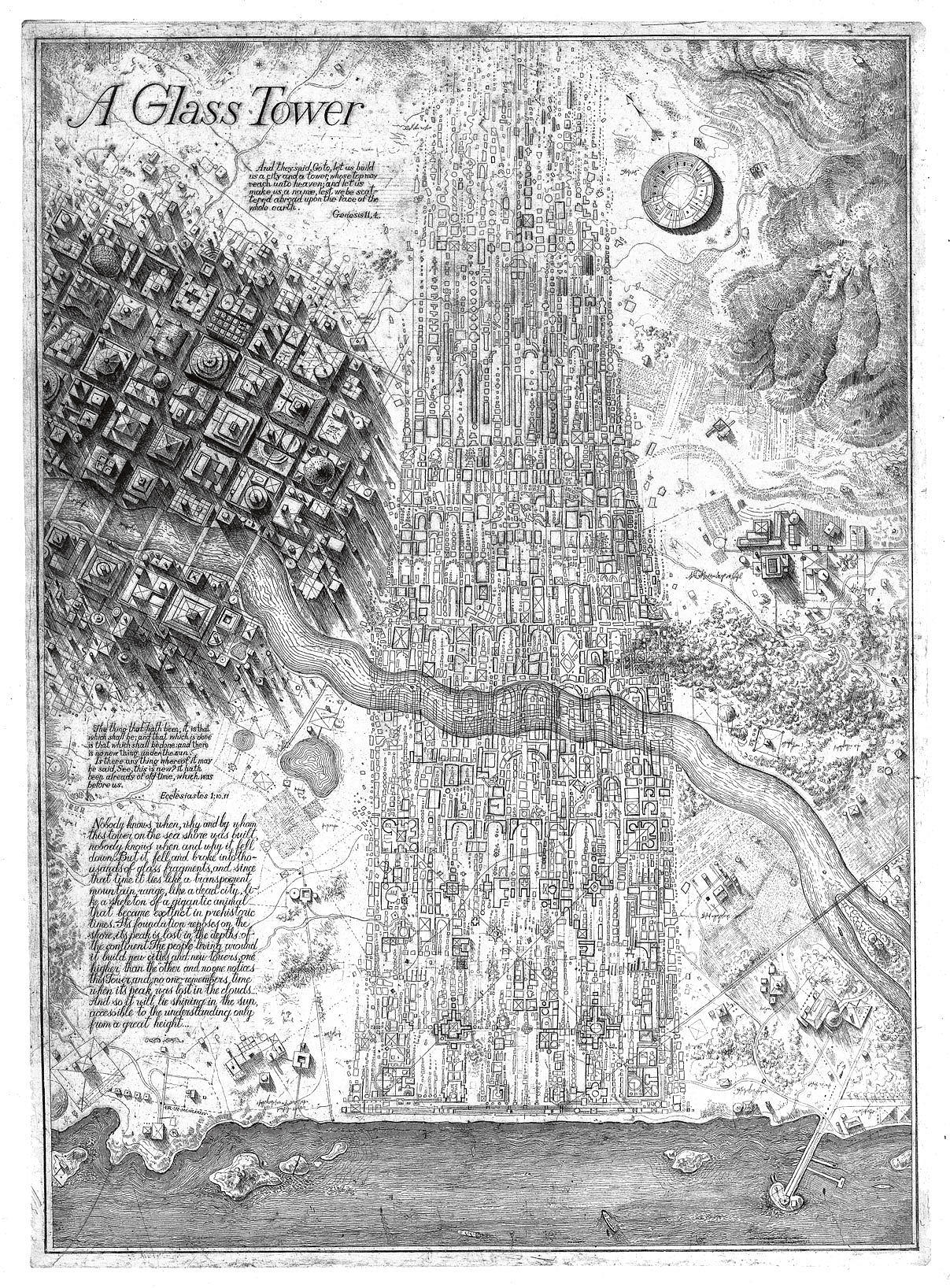 Alexander Brodsky og Ilya Utkin: «Glass Tower», 1984/90. Radering, 78 x 56 cm. Fra «A Glass Tower», Central Glass Co. Competition, Japan Architect, Tokyo,Japan, 1984.