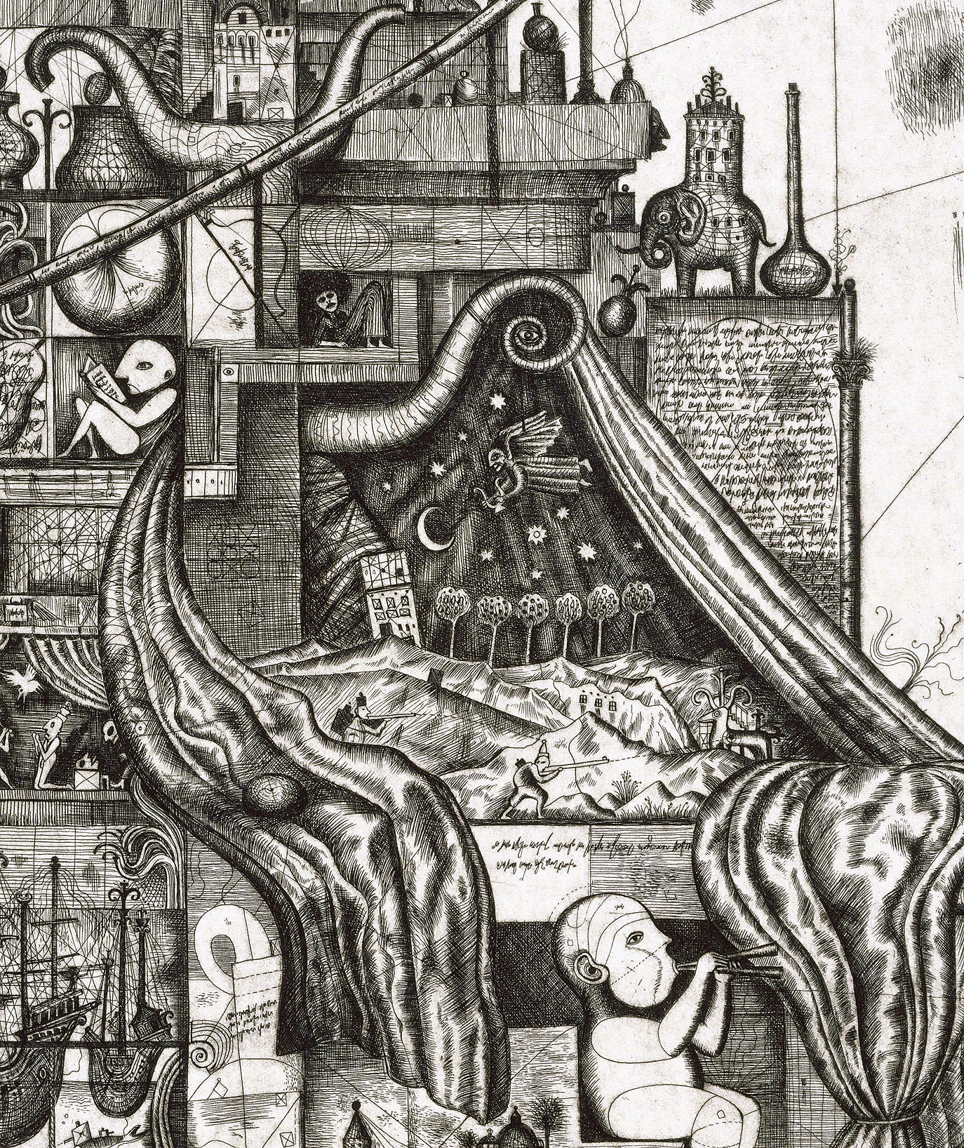 Utsnitt av Alexander Brodsky og Ilya Utkin: «Doll‘s House», 1990. Radering, 81 x 59 cm. Fra Architectural Design Competition, London, United Kingdom, 1982.