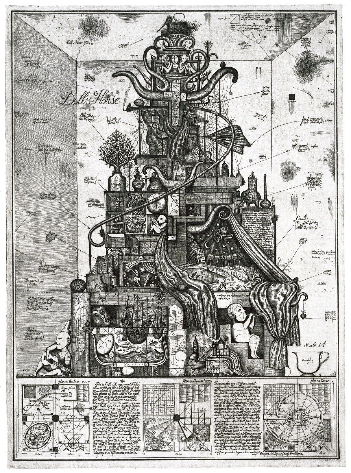 Alexander Brodsky og Ilya Utkin: «Doll‘s House», 1990. Radering, 81 x 59 cm.Fra Architectural Design Competition, London, United Kingdom, 1982.