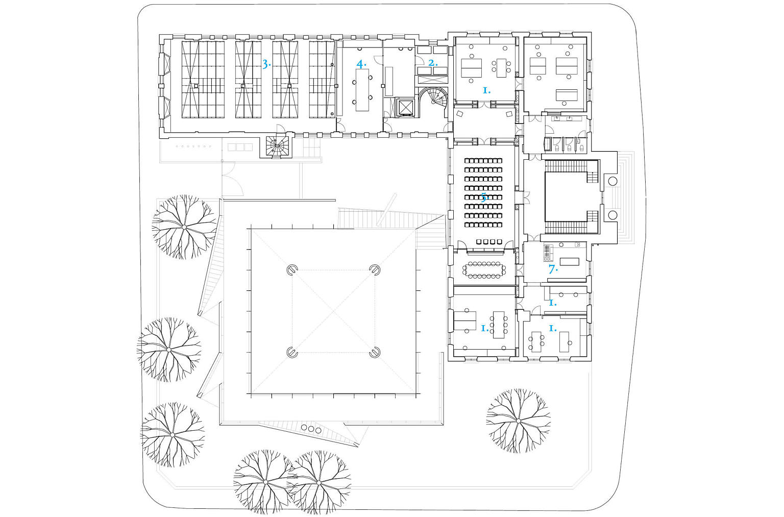 Plan 2. 1. Arbeidsrom, 2. Lager, 3. Arkiv, 4. Arkiv, registrering, 5. Møterom/seminarrom, 6. Møterom/spiserom, 7. Kjøkken.
