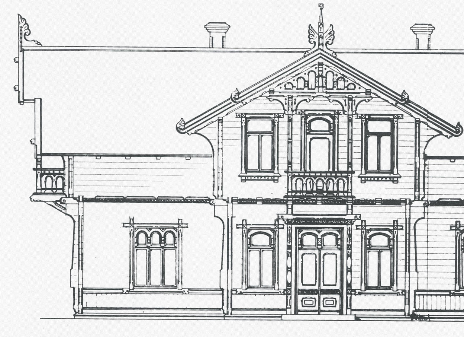 Paul Due: Typetegning for stasjonsbygning på Gjøvikbanen, 1897. Fra NSBs arkiv. Foto: Norges kunsthistorie, bind 5: nasjonal vekst. Stephan Tschudi-Madsen: «veien hjem. norsk arkitektur 1870-1914», s. 63. utsnitt som i boka.