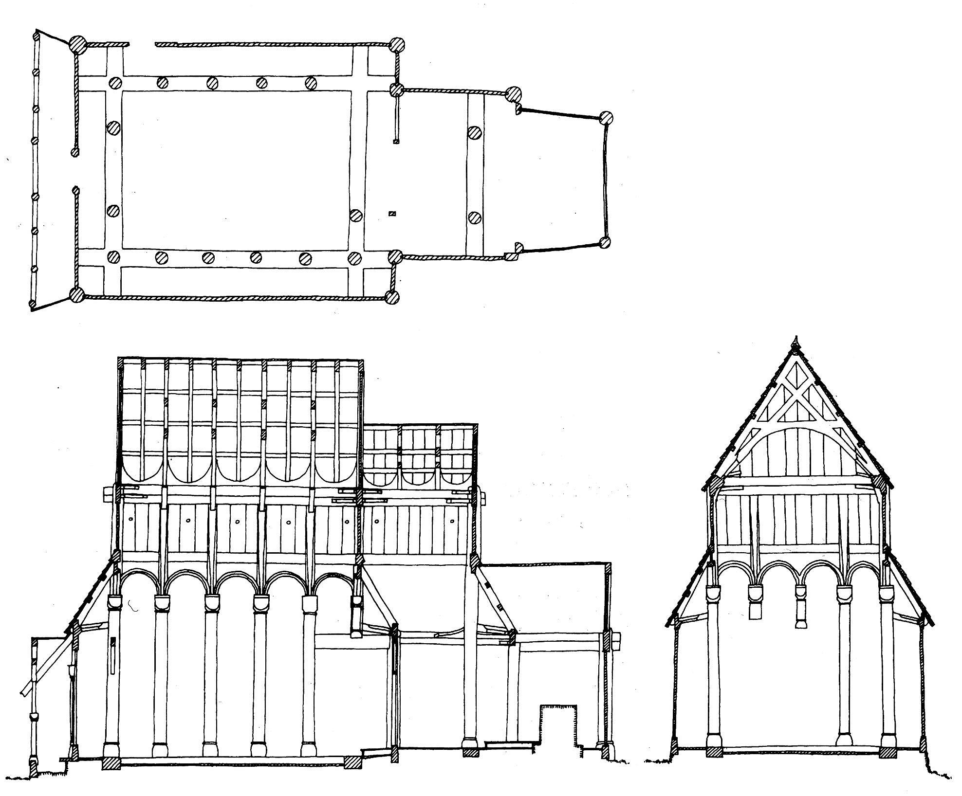 Urnes stavkirke. Øverst: Plan. Over: Langsnitt. T.h.: Tverrsnitt.