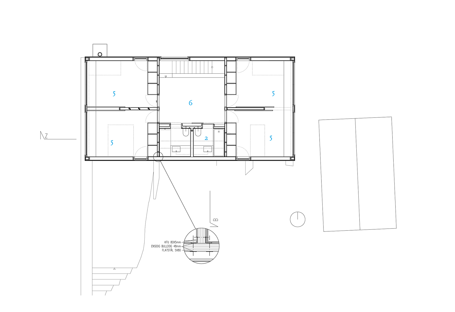 Plan 2. etasje. 1. Entre 2. Bad 3. Kjøkken 4. Stue 5. Soverom 6. Opphold 7. Terrasse mot syd 8. Carport