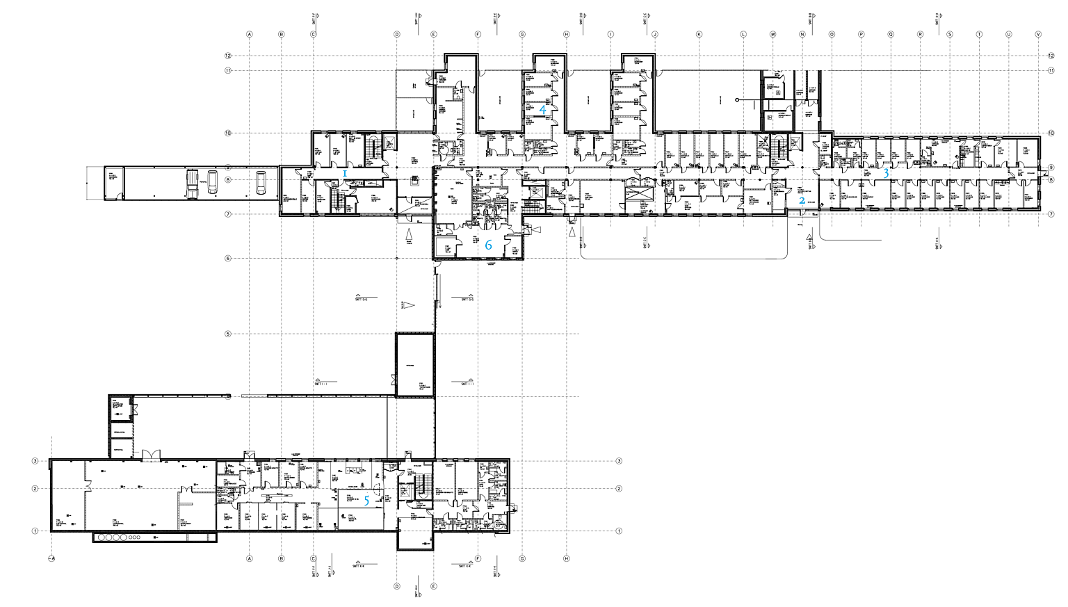 Plan 1. et. Administrasjon. 1. Fellestjenester, 2. Mottak, 3. Helseavdeling, 4. Besøksavdeling, 5. Kjøkken, 6. Vaskeri.