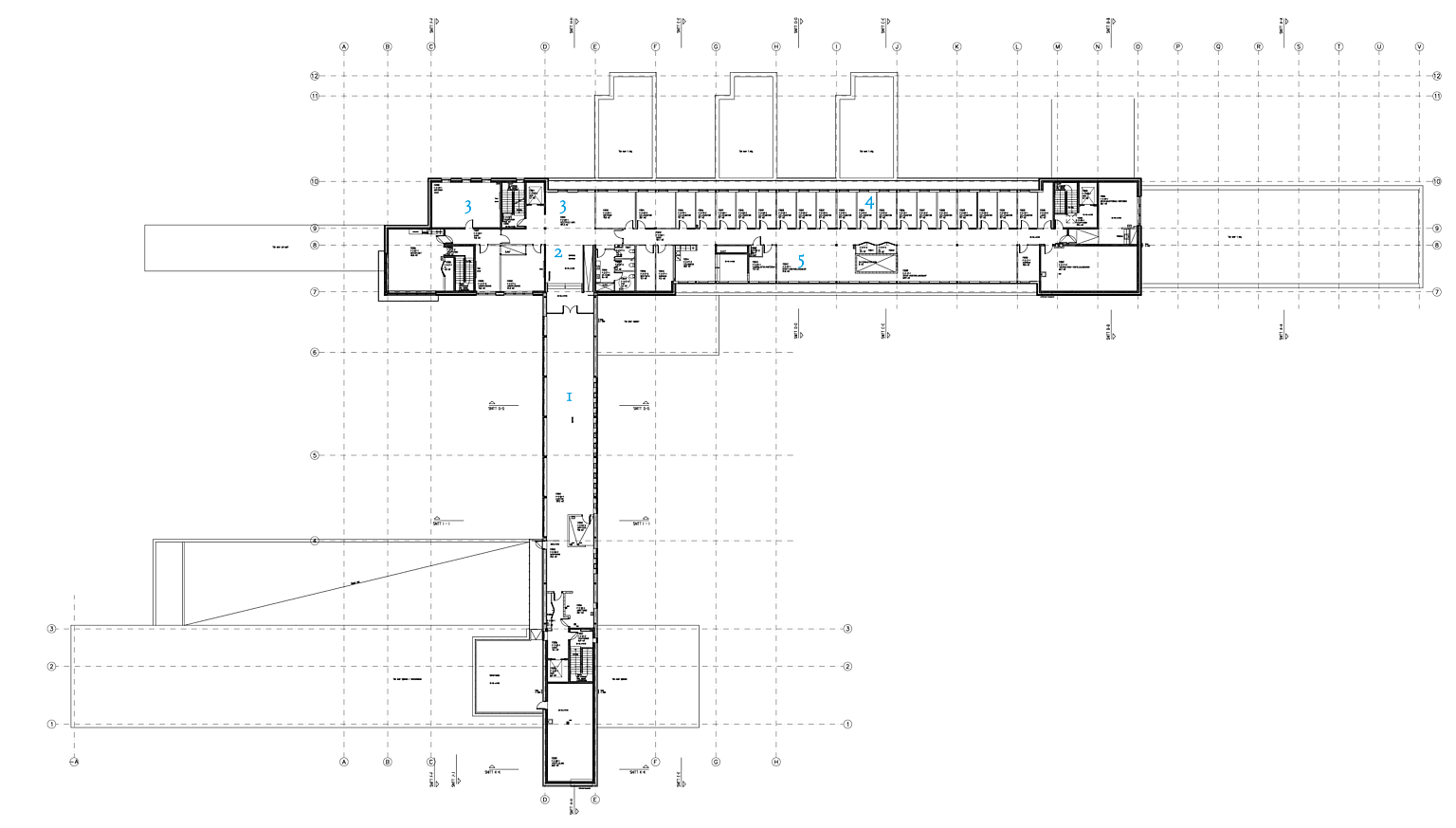 Plan 2. et. Administrasjon. 1. Kantine, 2. Vestibyle, 3. Møterom, 4. Cellekontorer, 5. Landskap-