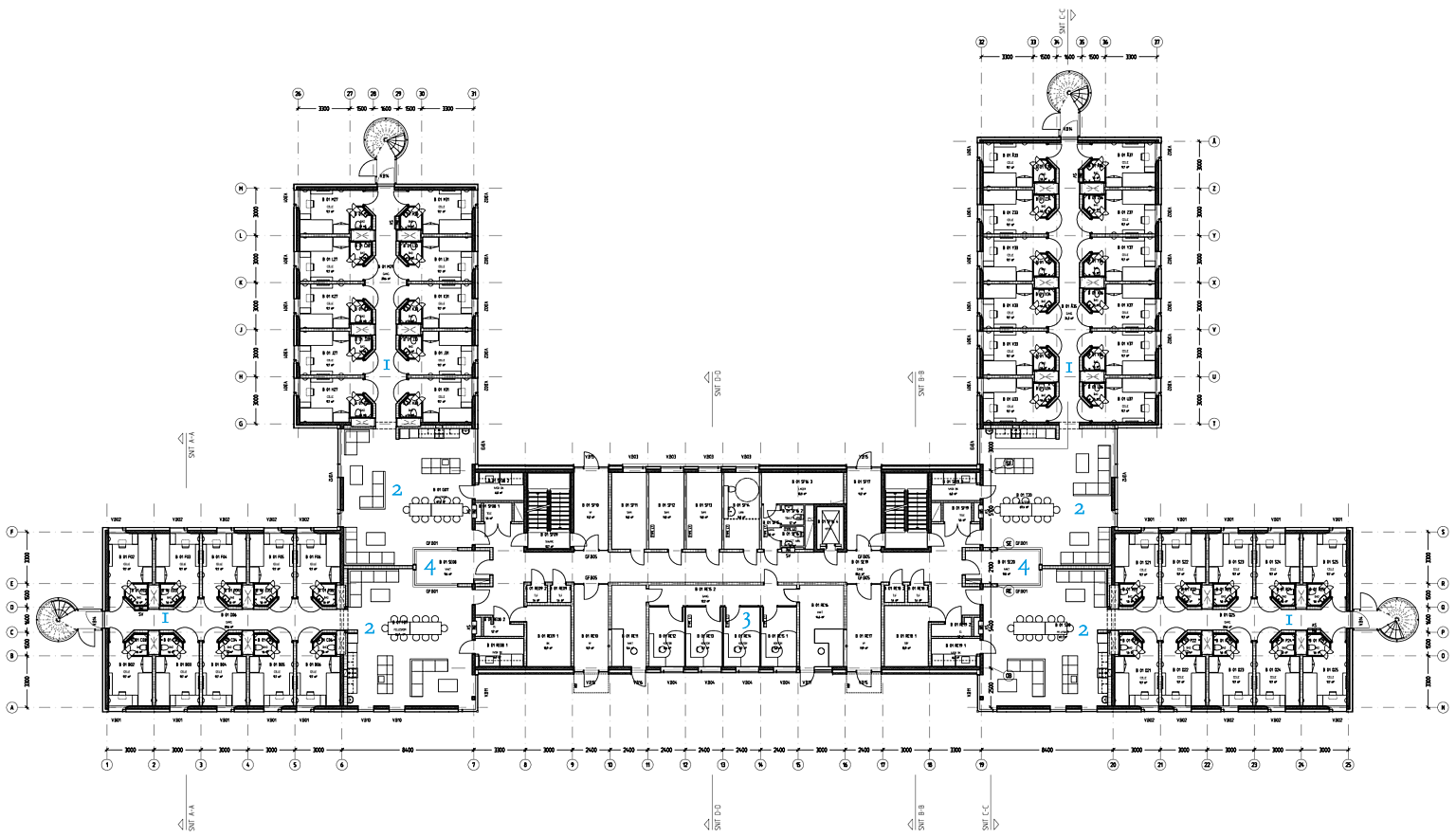 Plan 1. Avsnitt B. 1. Celler, 2. Fellesrom, 3. Kontorer, 4. Vakt.