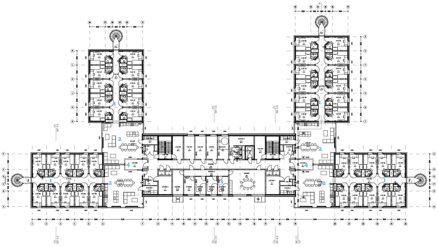 Plan 2. Avsnitt B. 1. Celler, 2. Fellesrom, 3. Kontorer, 4. Vakt.