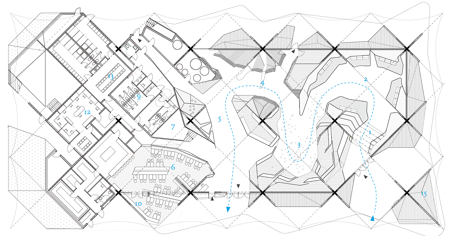 Plan 1. etasje. 1. Mist Installation, 2. Kyst, 3. Byskogen, 4. Fjord, 5. Arktis, 6. Restaurant, 7. Trapp opp til Møterom/ VIP-terasse i 2. et., 8. Water Purification Room, 9. Toalett for besøkende, 10. Restaurantterasse, 11. Kjøkken, 12. Administrasjon/Kontor, 13. Møterom/Garderober for ansatte i paviljongen, 14. Information Desk, 15. Introtre