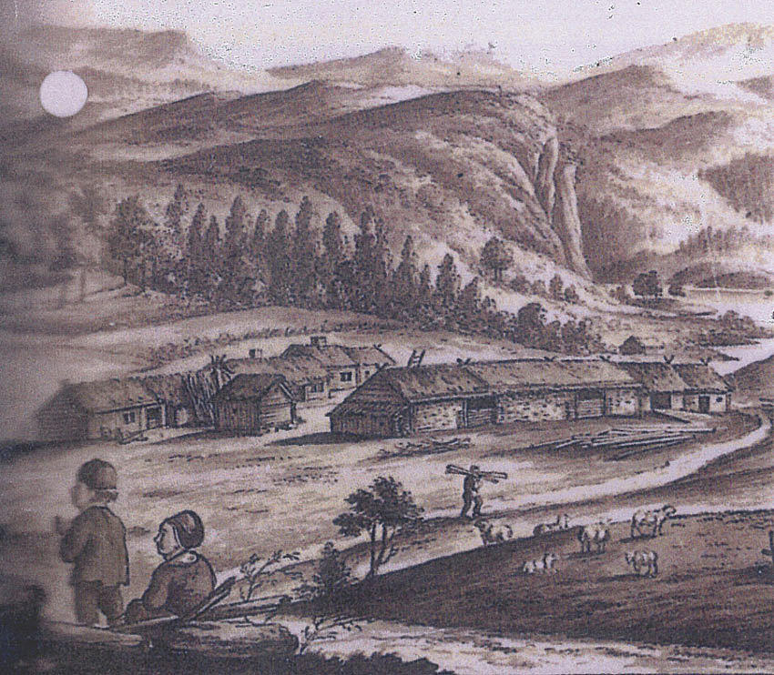Langhus på Natland i Fana. Akvarell av J.F.L. Dreier, 1806.