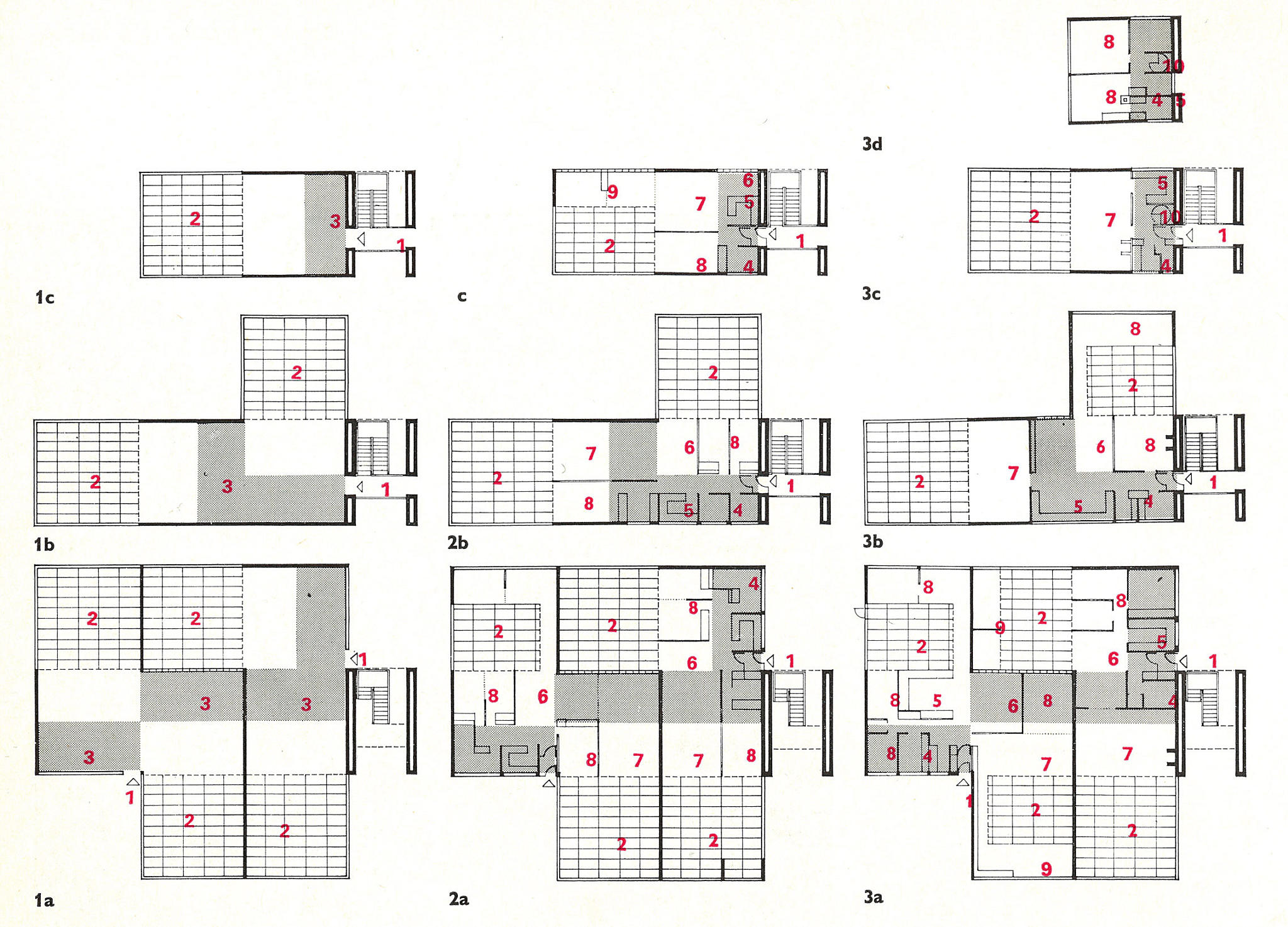 Byggesystem med mange variasjonsmuligheter. Illustrasjoner fra artikkelserien ”Å bo er å bo er å bo”, Erik Hultberg og S.H. Seablom, Bonytt 1966 og '67.