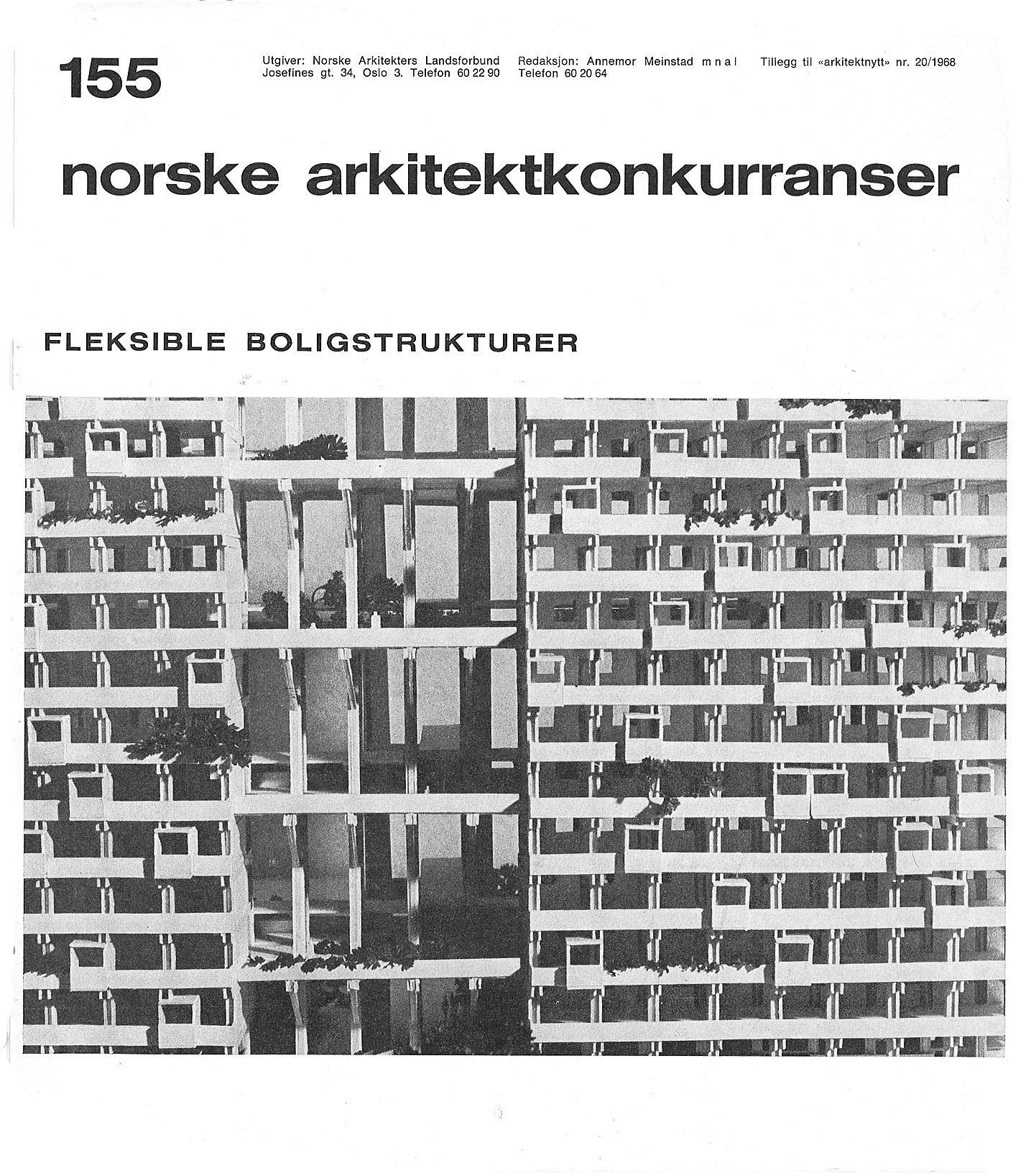 Forsiden på Norske Arkitektkonkurranser nr. 155, 1968: “Fleksible boligstrukturer”.