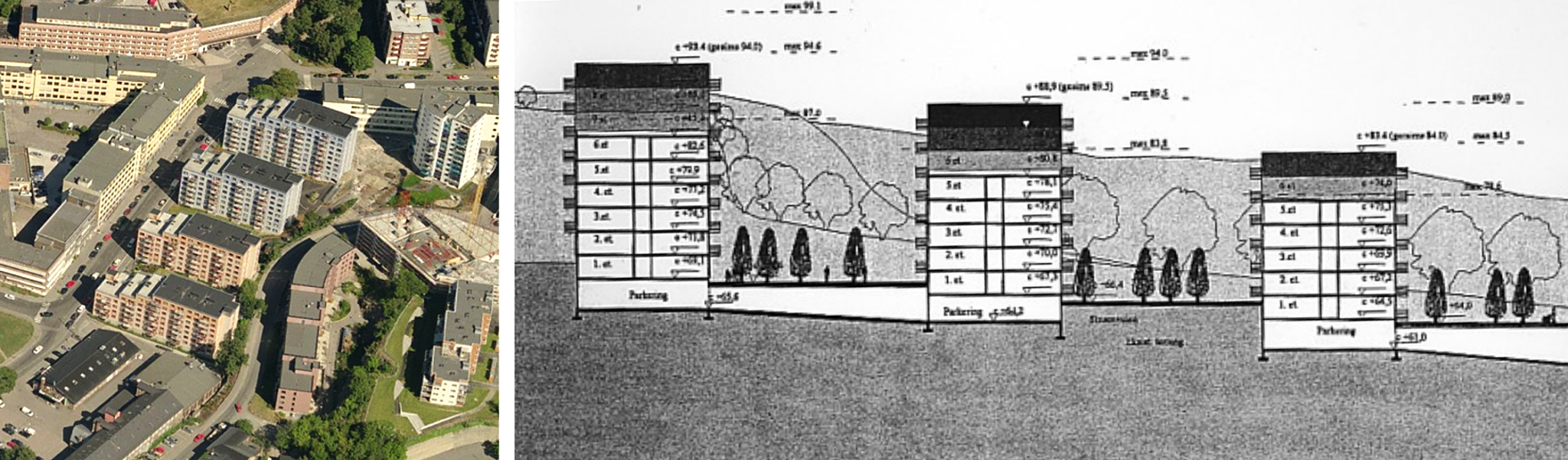 Borettslaget Carl Berner Terrasser. Startbos leiligheter i Sinsenveien. Arkitekter: Voll Arkitekter AS. Bebyggelsestype, snitt med uteareal. Boligene ble bygget i ulike størrelser fra ”small” (20 kvm) til ”x-large” (80 kvm). ”Large” og ”x-large” hadde 1-2 utleiehybler tillagt boligen som en mulighet for fleksibilitet og inntekt for husholdningen. Hyblene kan skilles ut og selges som egne eiendomsenheter (andeler).
The housing coop Carl Berner Terrasser (Voll Arkitekter AS). General typology and section showing outdoor areas.