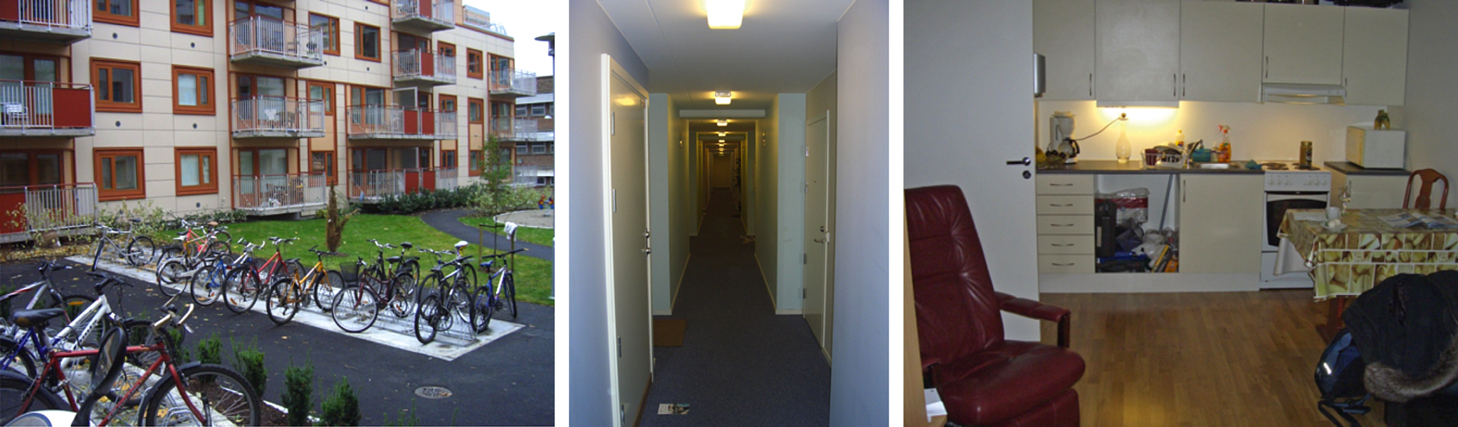 Fra borettslaget Carl Berner Terrasser. Uteareal, atkomstkorridor, interiør.