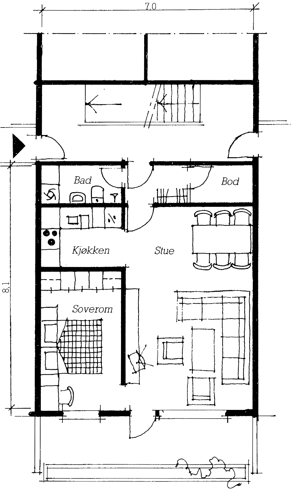 “Mindreverdig planløsning” hentet fra Husbankens hefte God bolig fra 1985. Leilighet for to personer på 57 kvm BA.Teksten til illustrasjonen lyder: ”Dette er en ”typisk” plan fra den midterste leiligheten i en trespenner. Den får dagslys bare fra en side. Kjøkkenet ligger i en mørk krok. I tillegg er badet og entreen altfor trange. Det er blant annet ikke plass til badekar på badet og det er heller ikke tilgjengelighet for rullestolbruker”. Selv med disse manglene ville en toroms leilighet som denne tilhørt det øvre sjiktet av det som bygges i dag.