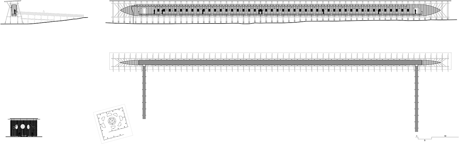 Snitt gjennom trekonstruksjonen og lerretsgangen og plan over minnestedet. Spiralen med Louise Bourgeois’ ild-installasjon til venstre.