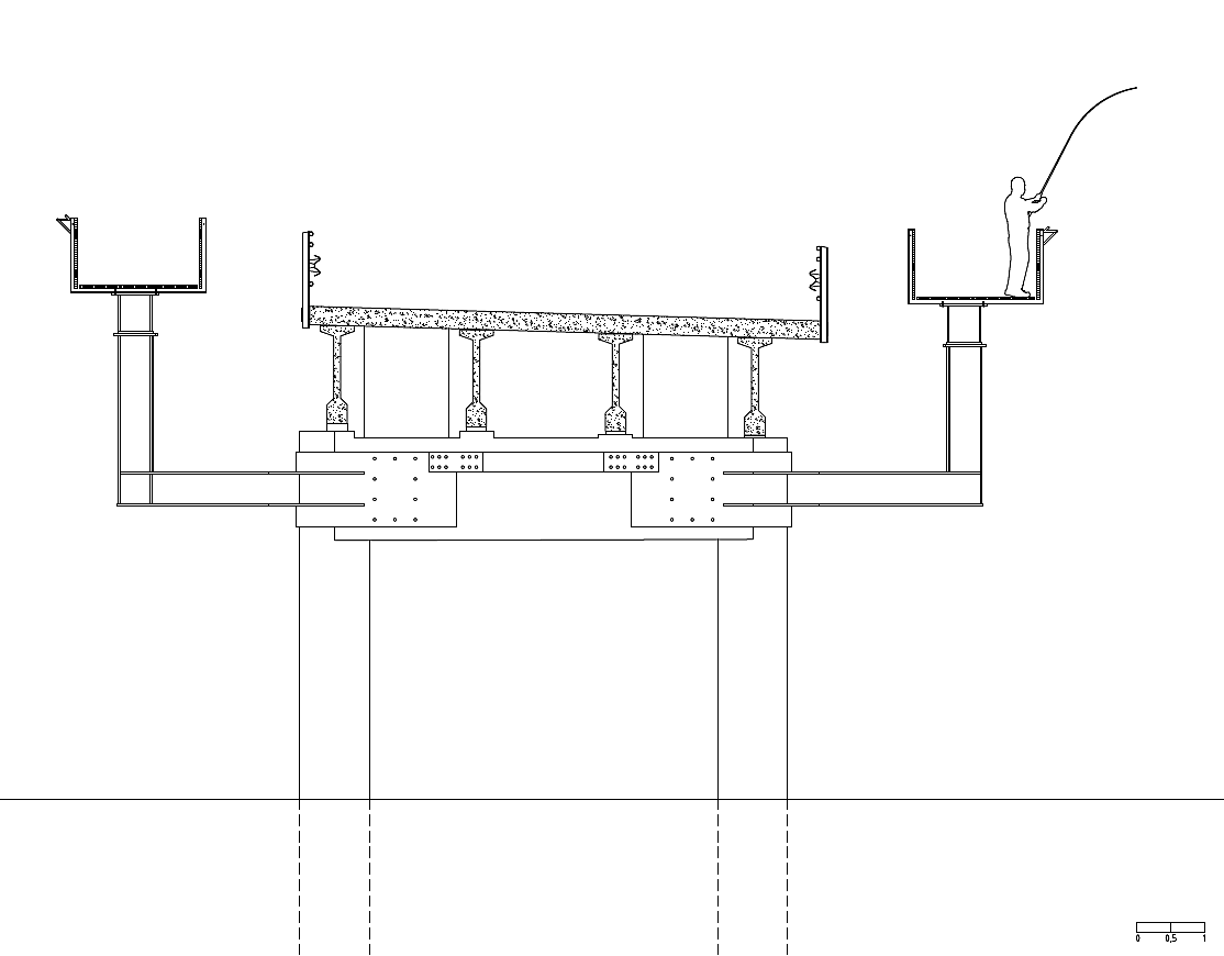 Kortsnitt av bro med gangbaneelementer på sidene.