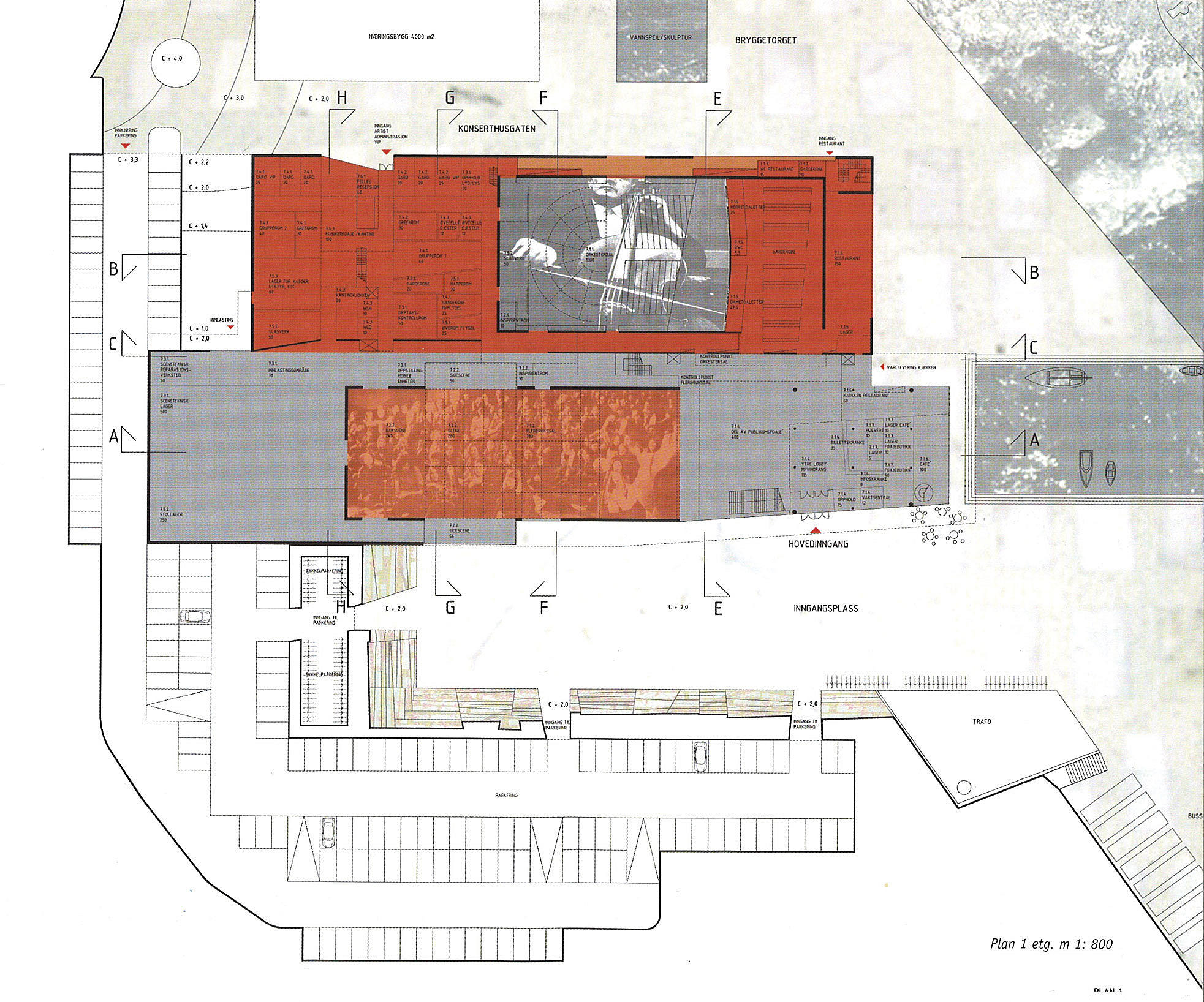 Stavanger konserthus. Plan fra konkurransen som viser konseptet for de to salene. Foto: Ratio arkitekter