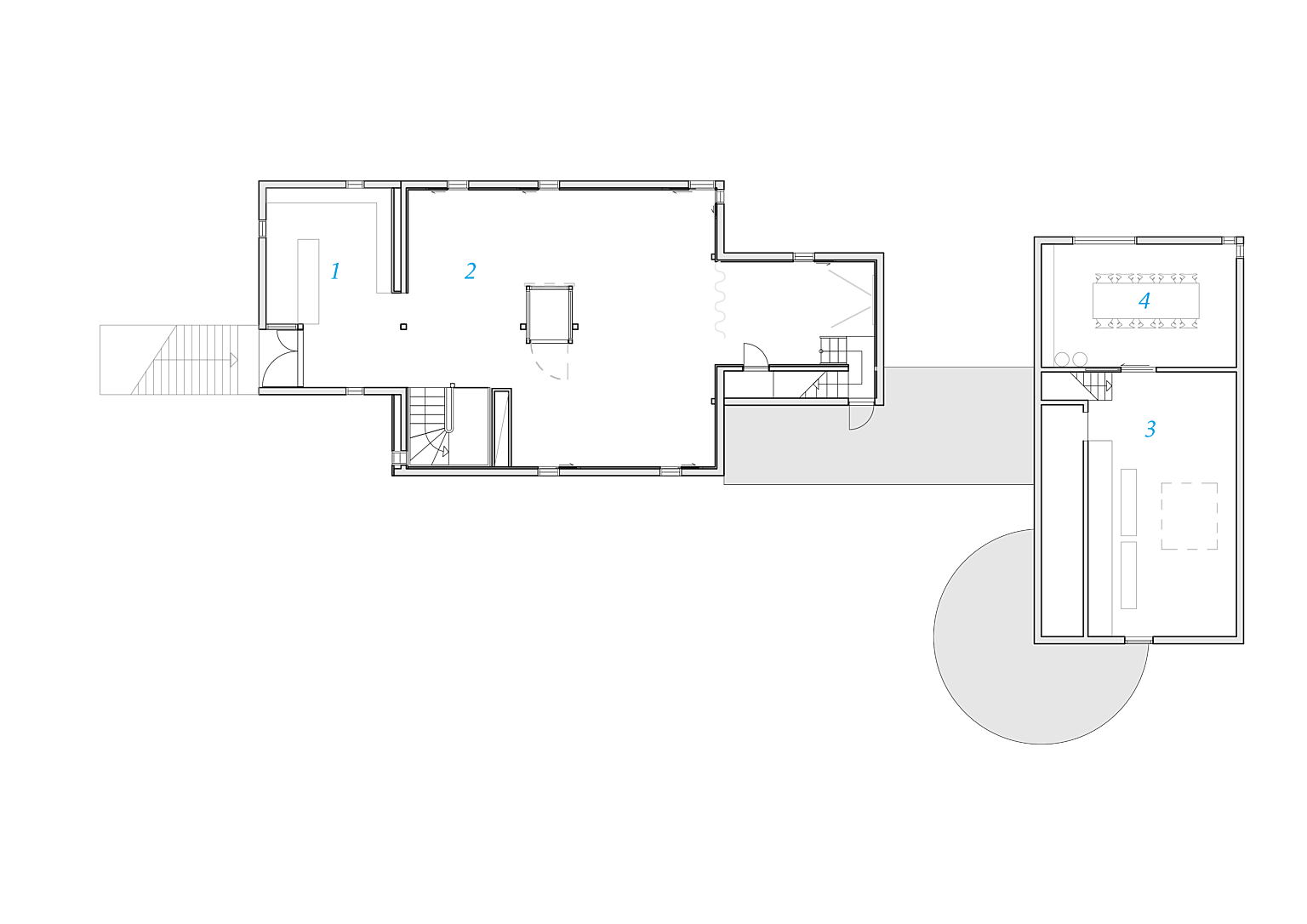 Fyrhus. Plan hovedetasje. 1. Resepsjon, 2. Utstilling, 3. Varmestue, 4. Møterom, 5. Kafé og varmestue, 6. Kjøkken, 7. Oppvask, 8. Lager, 9. Utstilling og undervisning, 10. Teknisk rom og lager.