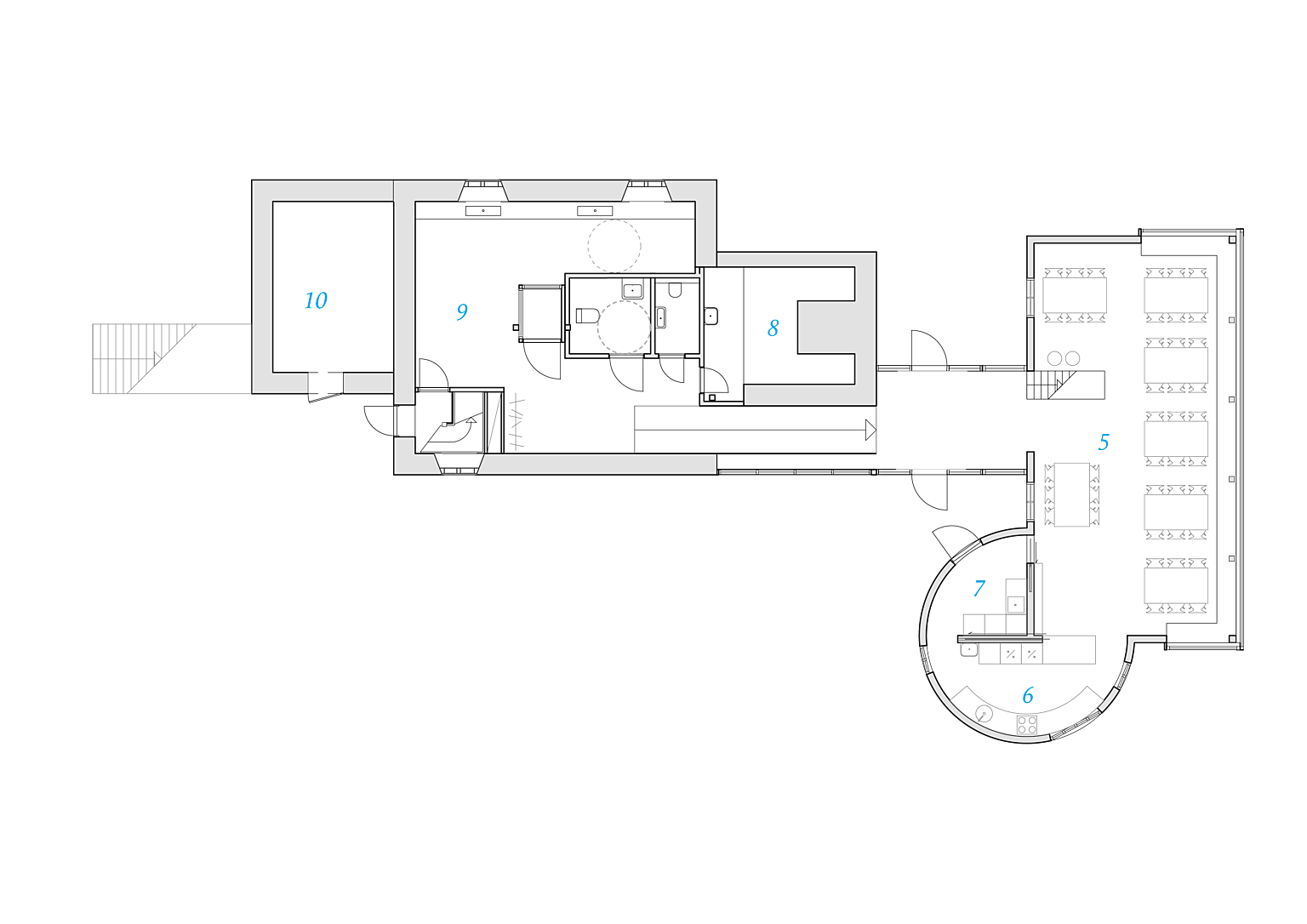 Fyrhus. Plan kjeller. 1. Resepsjon, 2. Utstilling, 3. Varmestue, 4. Møterom, 5. Kafé og varmestue, 6. Kjøkken, 7. Oppvask, 8. Lager, 9. Utstilling og undervisning, 10. Teknisk rom og lager.