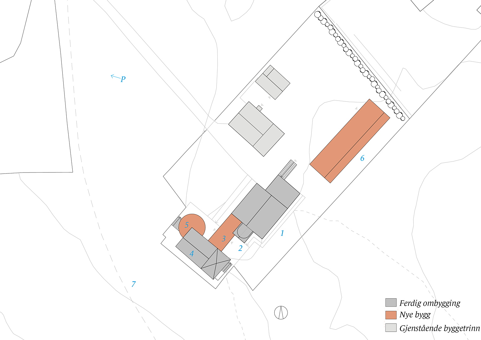 Situasjonsplan. 1. Fyrhuset/utstilling, 2. Fyrtårn, 3. Mellombygg, 4. Maskinhus, kafé, 5. Kjøkken, 6. Utstillingsbygg, 7. Tursti.