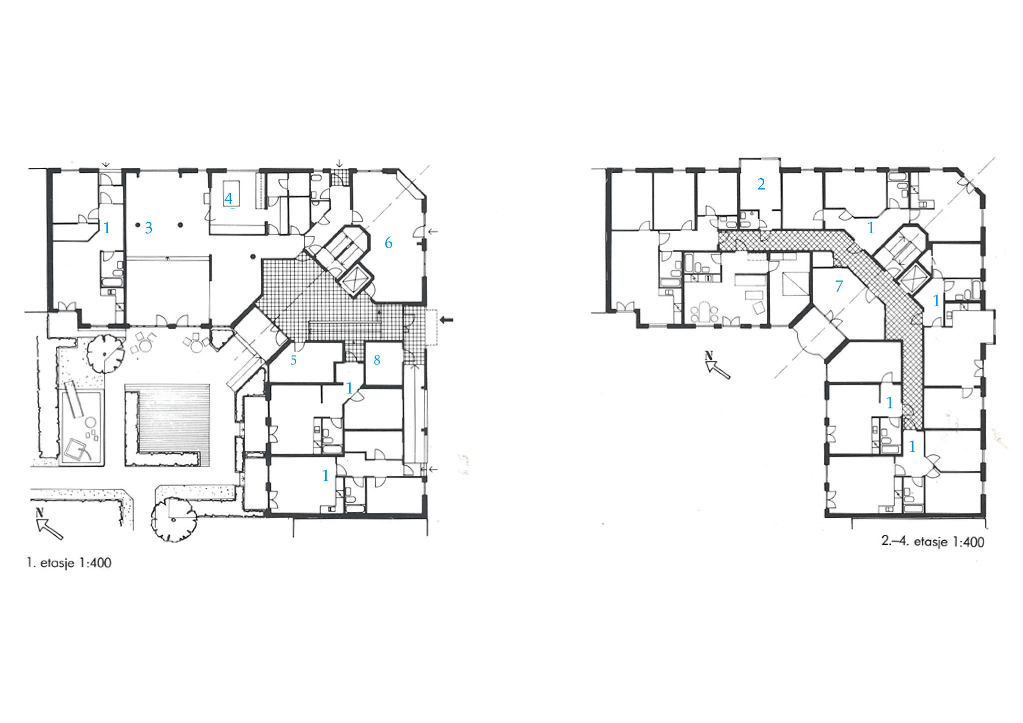 Friis gate 6. Hus C. Plan av 1. etasje og typisk etasje. Huset er sentralisert rundt trapp, heis og fellesstue. Til sammen 27 leiligheter og ca. 400 kvm felleslokaler, hvorav de viktigste er samlet i 1. etasje: Inngangsrom, forsamlingslokale/spiserom med kjøkken, uteleirom. Trimrom på hjørnet. Rampen langs gata fører ned til kjelleren med sykkelbod, verkstedlokaler og andre fellesrom (bordtennis, badstue, fellesvaskeri, m.m.). 1. Leilighet. 2. Supplementsrom (hybel/gjesterom). 3. ”Storstue” med felles spise- og forsamlingsrom. 4. Felleskjøkken. 5. Leies ut til beboerne som kontor m.m. 6. Trimrom. 7. Systue i 2. et., lekerom i 3. et., møterom/tv-stue i 4. et., felles takterrasse i 5. et., 8. søppelrom.