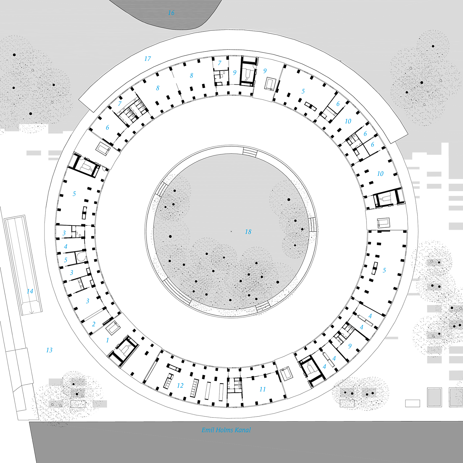 Inngangsplan, 1. etasje. 1. Hovedinngang. 2. Resepsjon. 3. Kontor. 4. Verksted. 5. Sykkelparkering. 6. Møterom. 7. Kjøkken. 8. Forsamlingsrom. 9. Musikkrom. 10. Studierom. 11. Internettkafé. 12. Postrom og vaskeri. 13. Forplass. 14. Rampe til kjeller. 15. Amager fellesområde. 16. Landskapskanal. 17. Terrasse. 18. Gårdsrom.