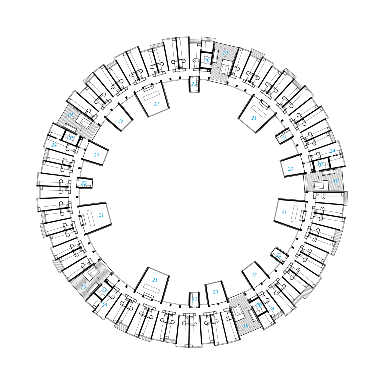 Typisk etasje. 19. Oppgang. 20. Branntrapp. 21. Felleskjøkken. 22. Utstyrsrom. 23. Fellesstue. 24. Handikapbolig.